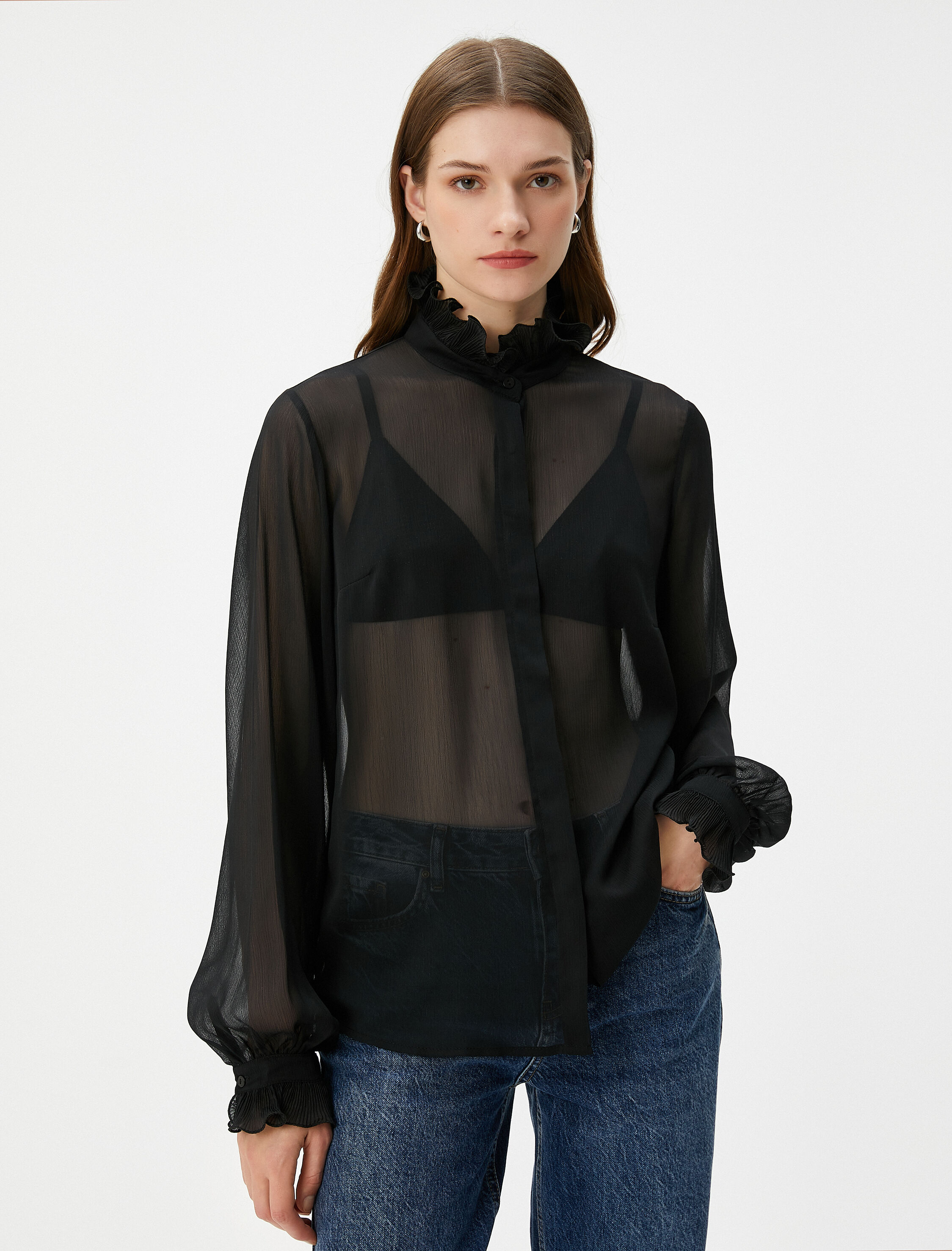   Transparan Gömlek Balon Kollu Fırfırlı Dik Yaka