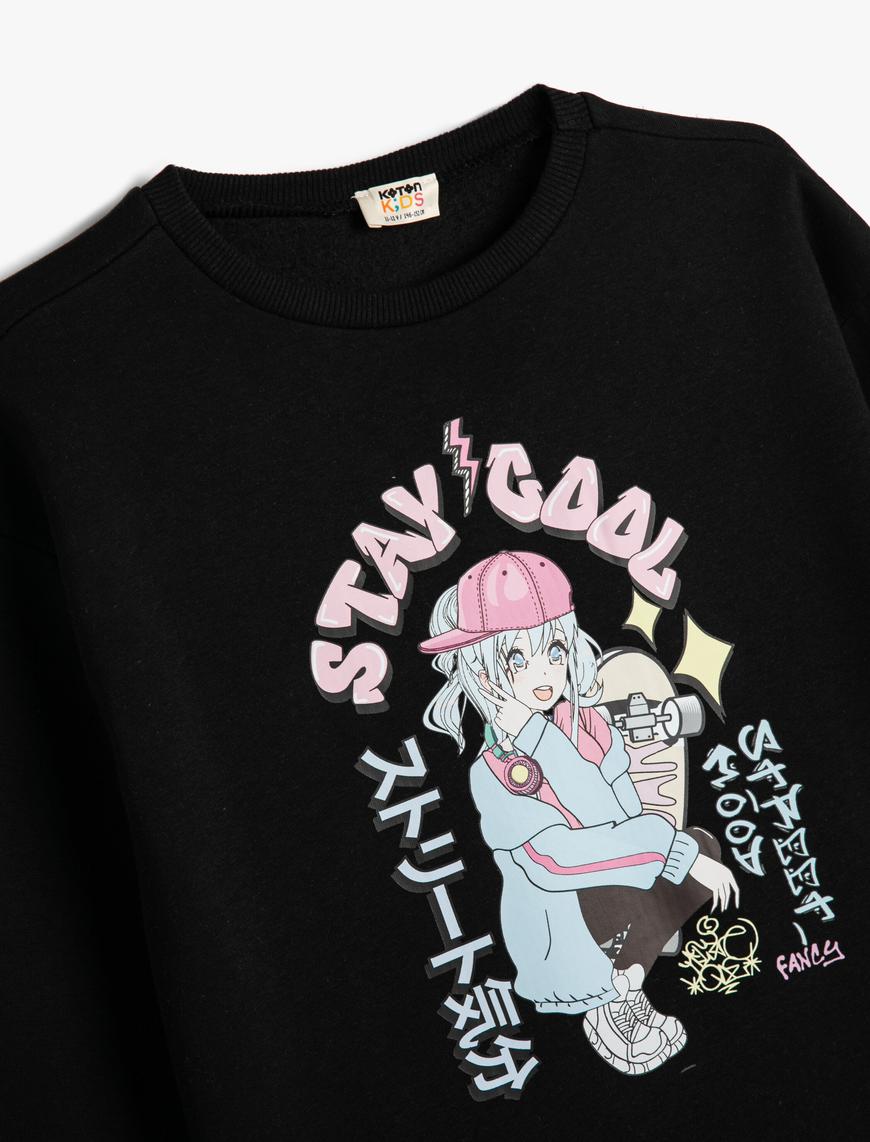  Kız Çocuk Anime Baskılı Sweatshirt Bisiklet Yaka Şardonlu