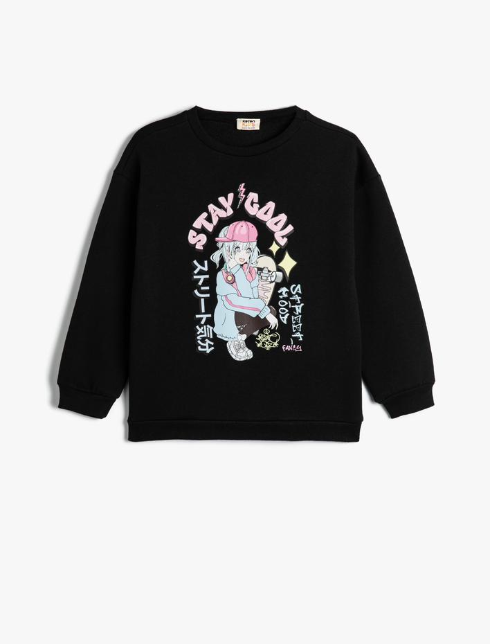 Kız Çocuk Anime Baskılı Sweatshirt Bisiklet Yaka Şardonlu