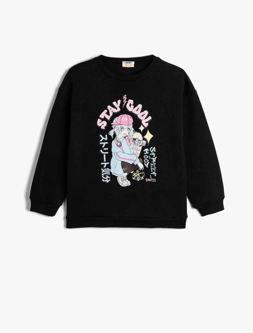  Kız Çocuk Anime Baskılı Sweatshirt Bisiklet Yaka Şardonlu