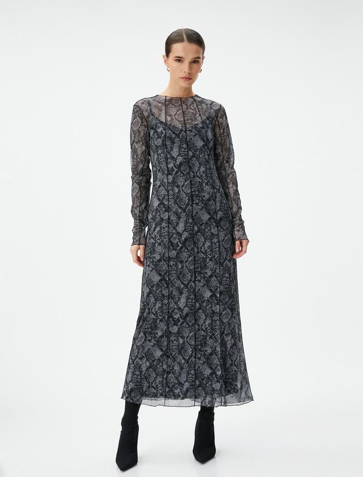  Uzun Elbise Yılan Derisi Desenli