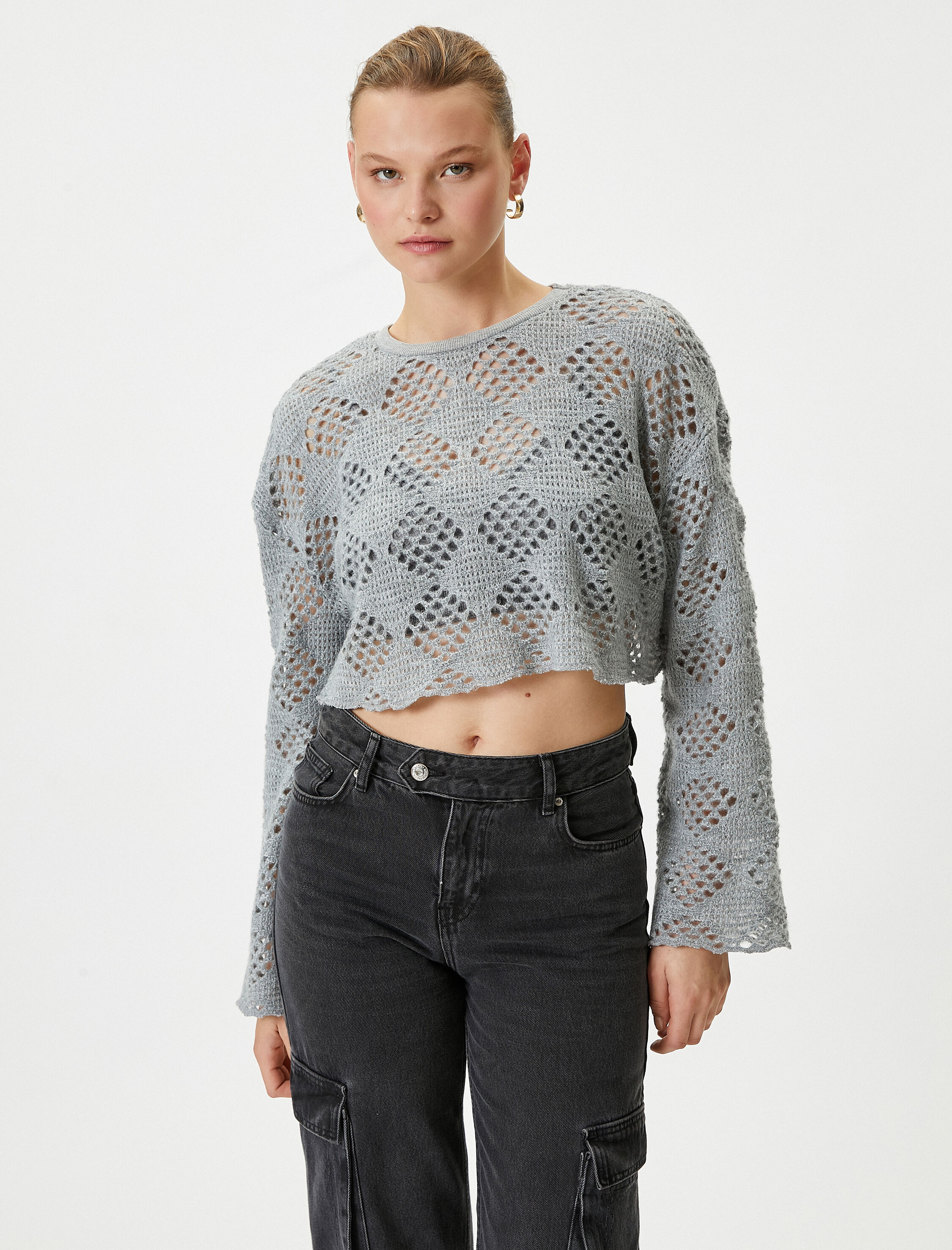   Ajurlu Crop Kazak Bisiklet Yaka Uzun Kollu