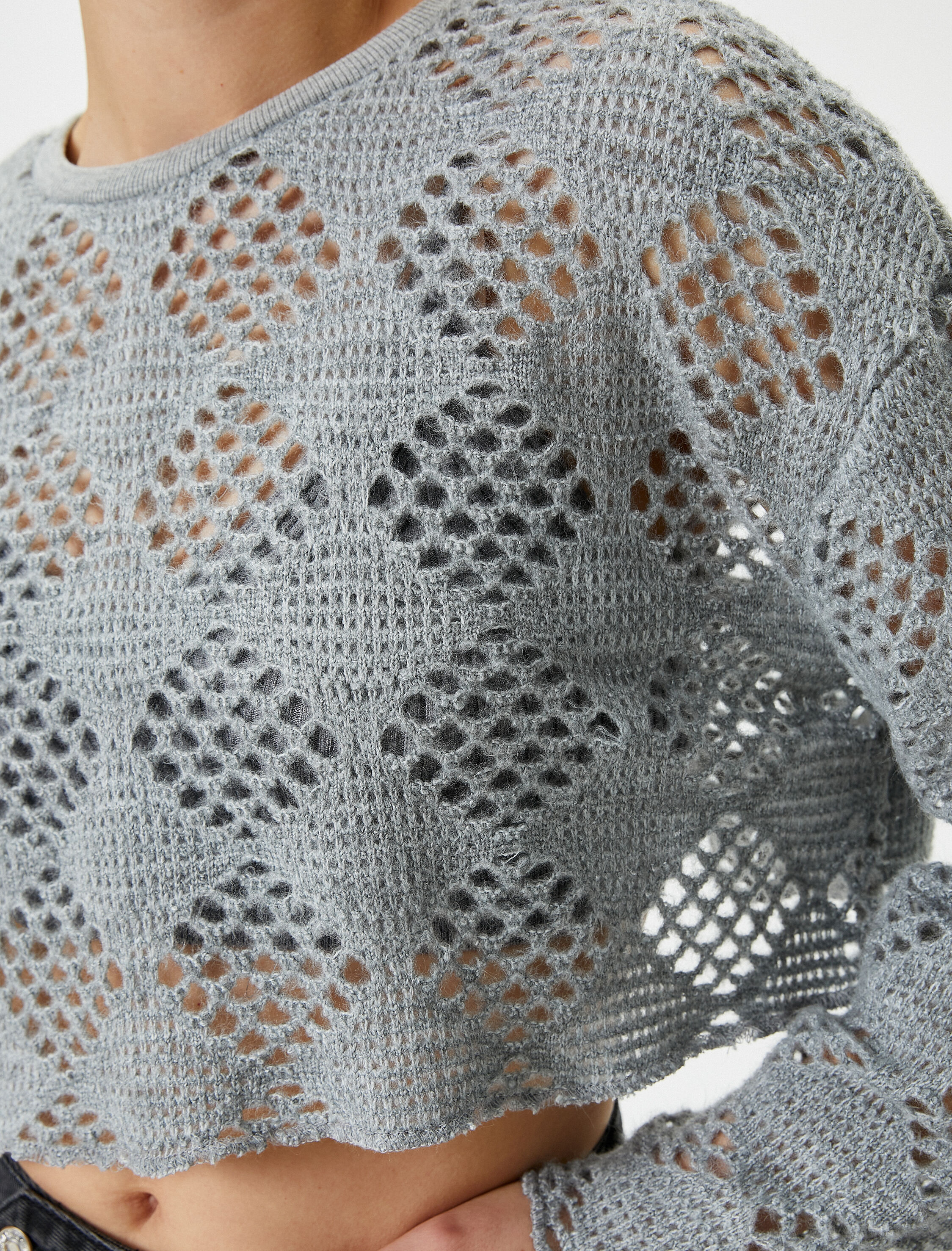   Ajurlu Crop Kazak Bisiklet Yaka Uzun Kollu