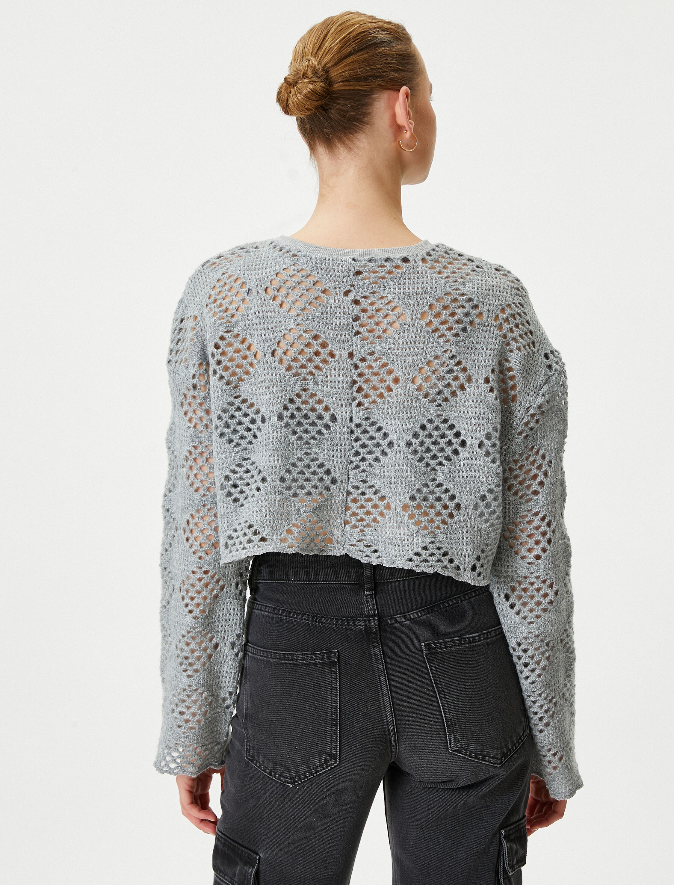   Ajurlu Crop Kazak Bisiklet Yaka Uzun Kollu