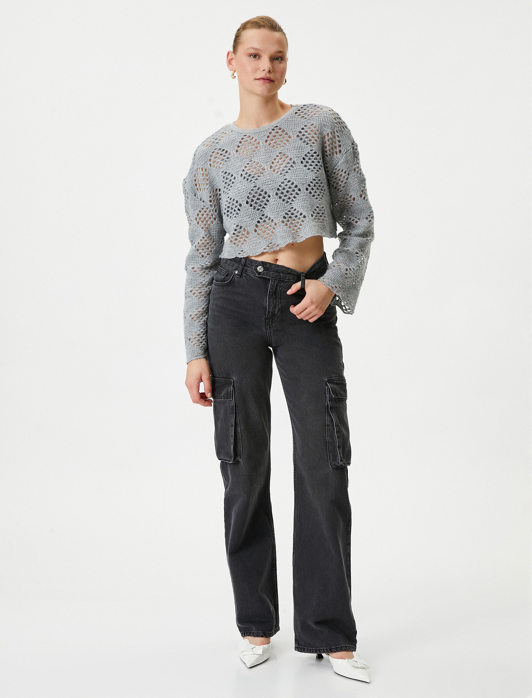   Ajurlu Crop Kazak Bisiklet Yaka Uzun Kollu