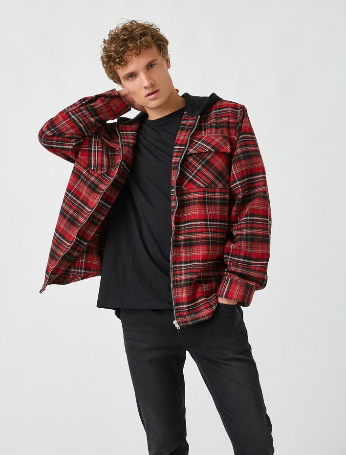  Kapşonlu Oduncu Gömlek Ceket Fermuarlı Cep Detaylı