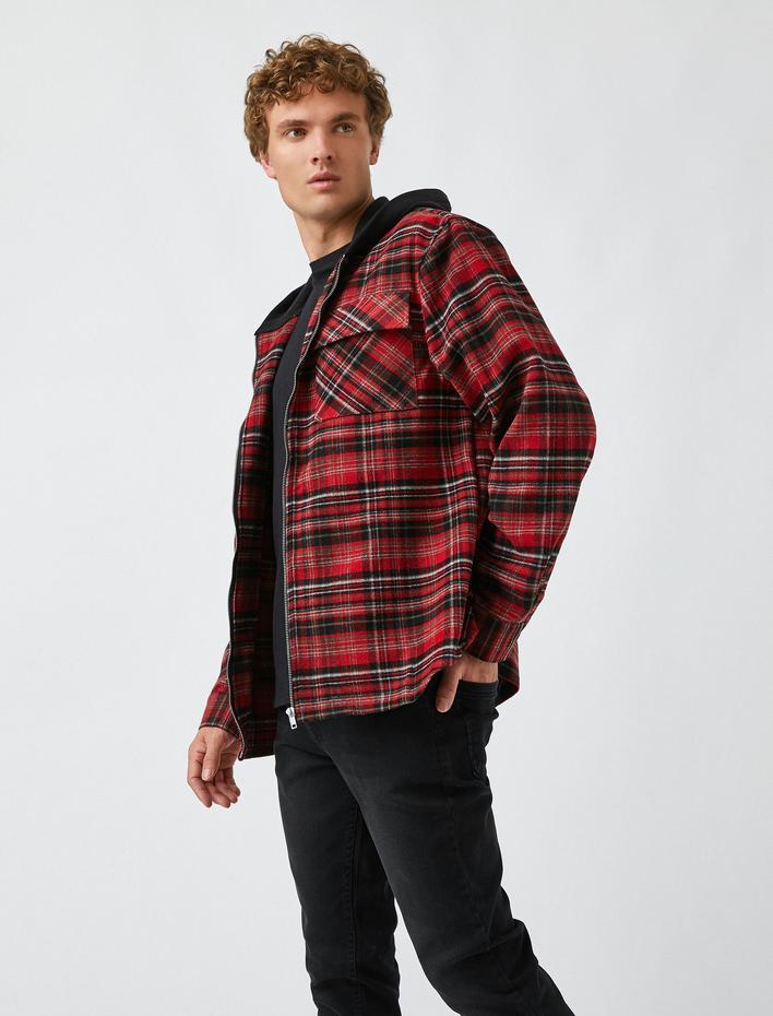  Kapşonlu Oduncu Gömlek Ceket Fermuarlı Cep Detaylı