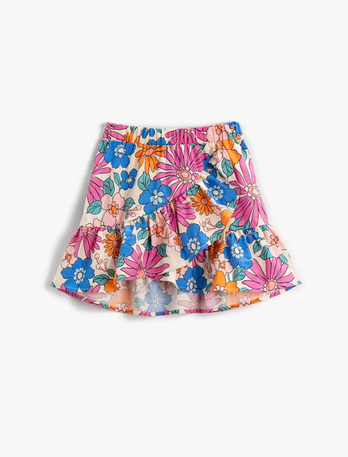 Kız Çocuk Çiçekli Etek Diz Üstü Fırfırlı Pamuklu