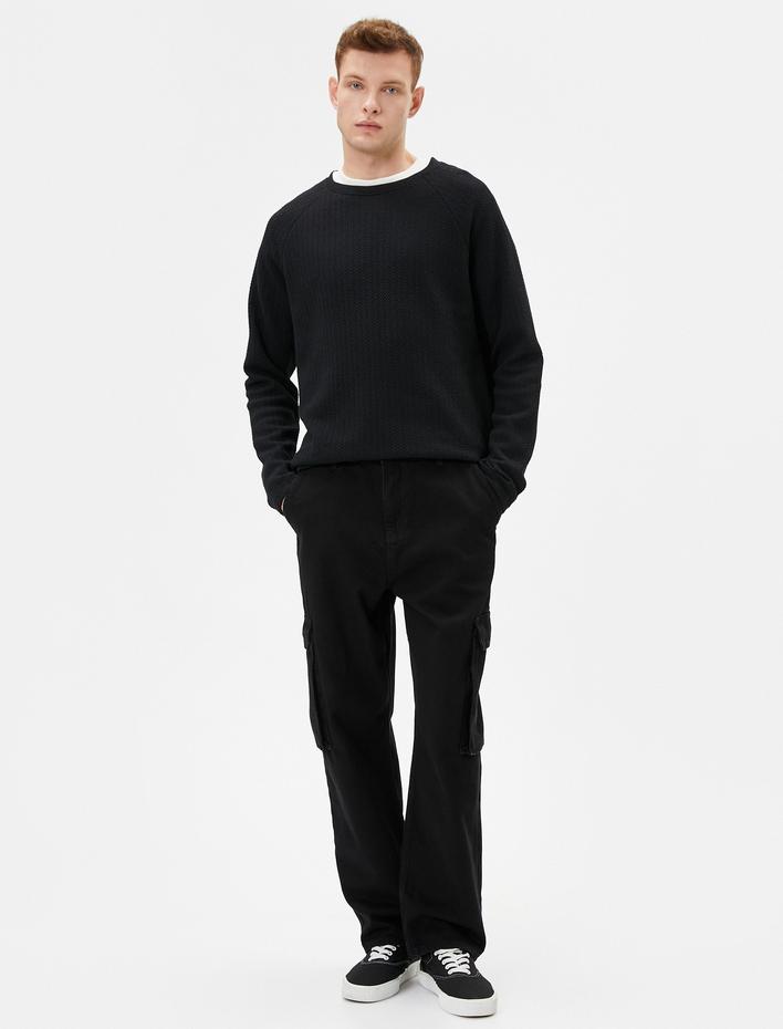  Slim Fit Kazak Bisiklet Yaka Dokulu Uzun Kollu