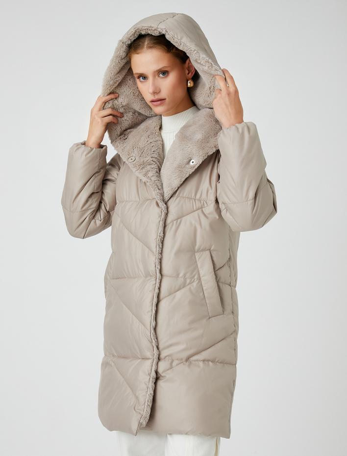  Şişme Mont Peluş Detaylı Çıtçıtlı Kapüşonlu