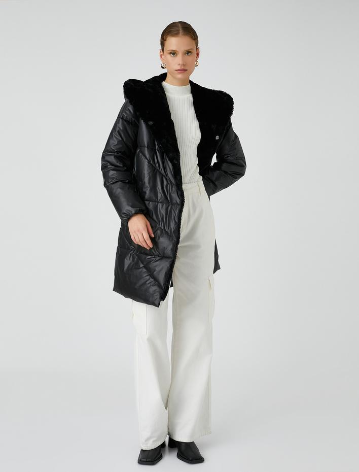  Şişme Mont Peluş Detaylı Çıtçıtlı Kapüşonlu