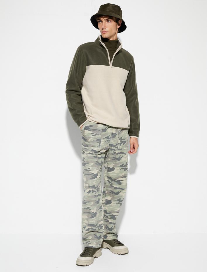  Polar Sweatshirt Yarım Fermuarlı Renk Bloklu Slogan Detaylı