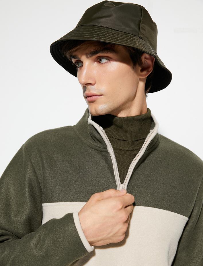  Polar Sweatshirt Yarım Fermuarlı Renk Bloklu Slogan Detaylı