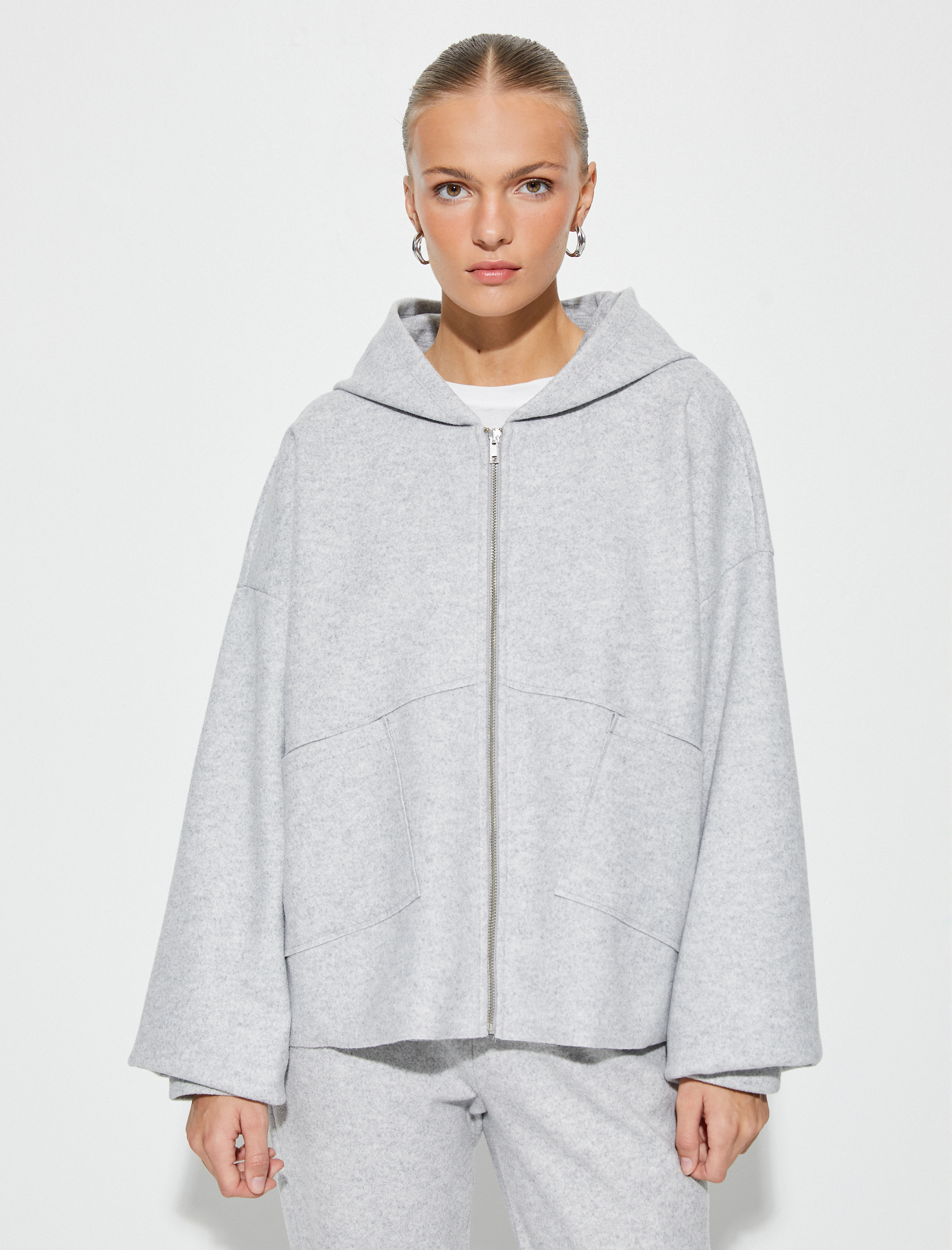   Oversize Fermuarlı Kapşonlu Hırka Cepli