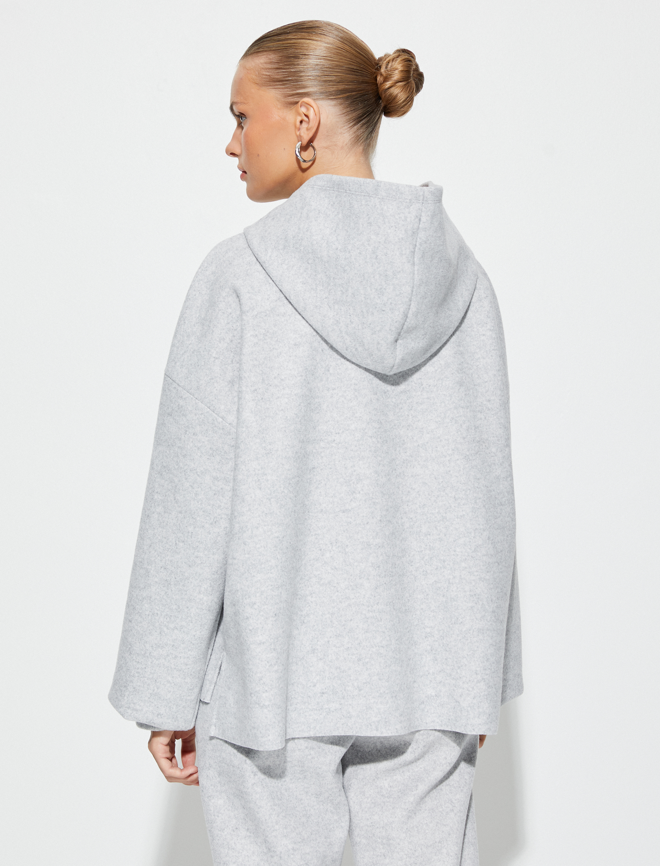   Oversize Fermuarlı Kapşonlu Hırka Cepli