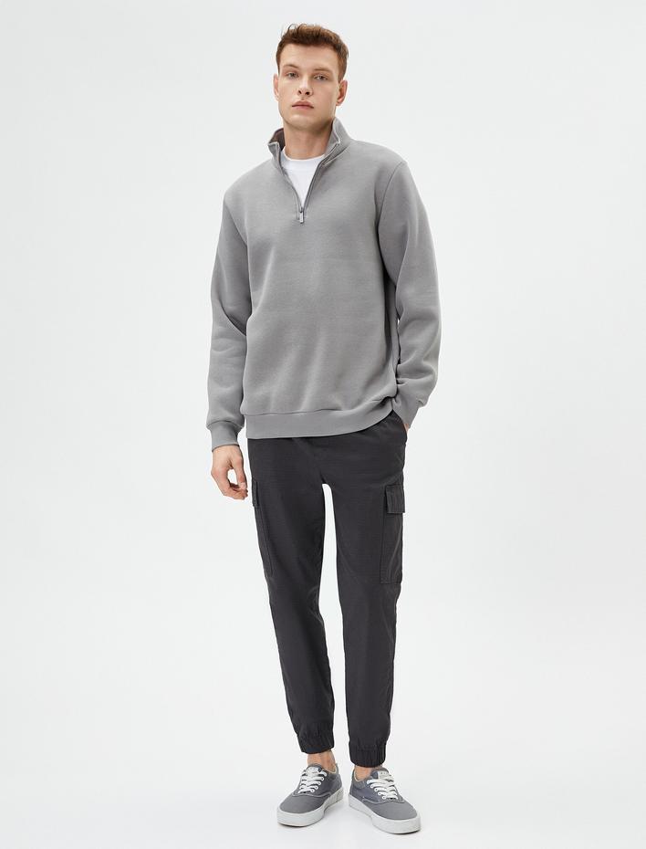  Yarım Fermuarlı Sweatshirt Basic Dik Yaka Ribanalı Uzun Kollu Şardonlu