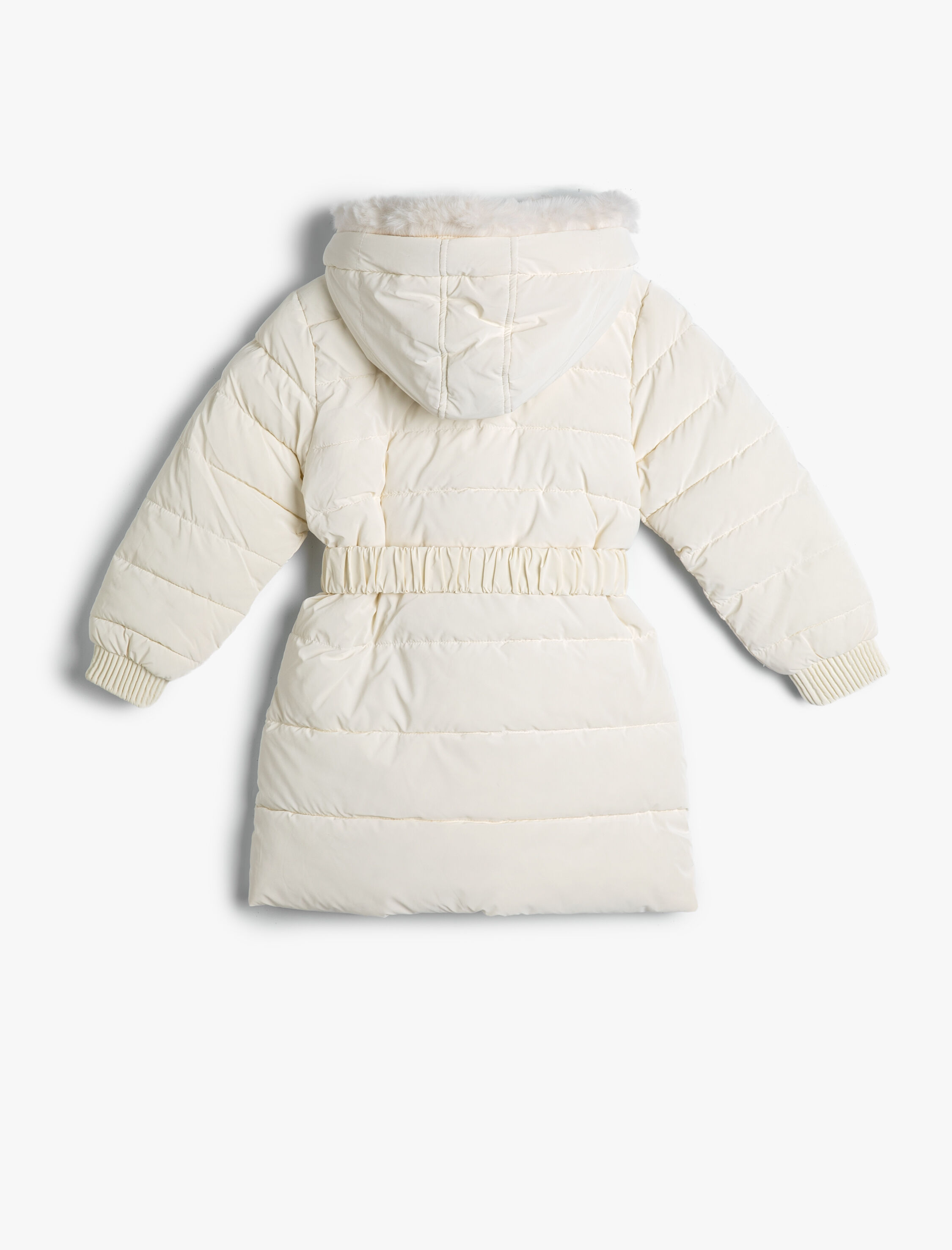  Kız Çocuk Uzun Şişme Mont Peluş Kapşonlu Kemer Detaylı Cepli