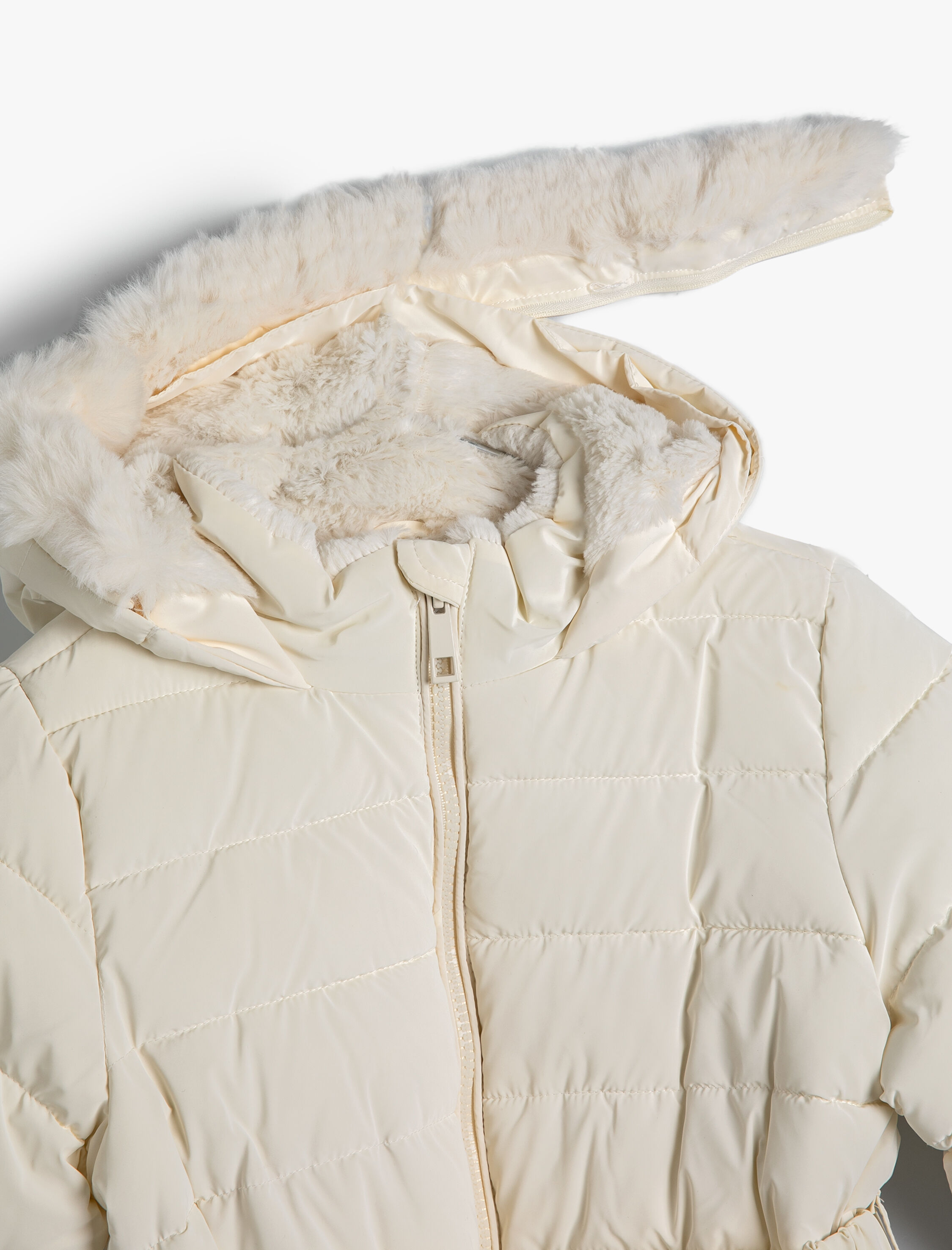  Kız Çocuk Uzun Şişme Mont Peluş Kapşonlu Kemer Detaylı Cepli