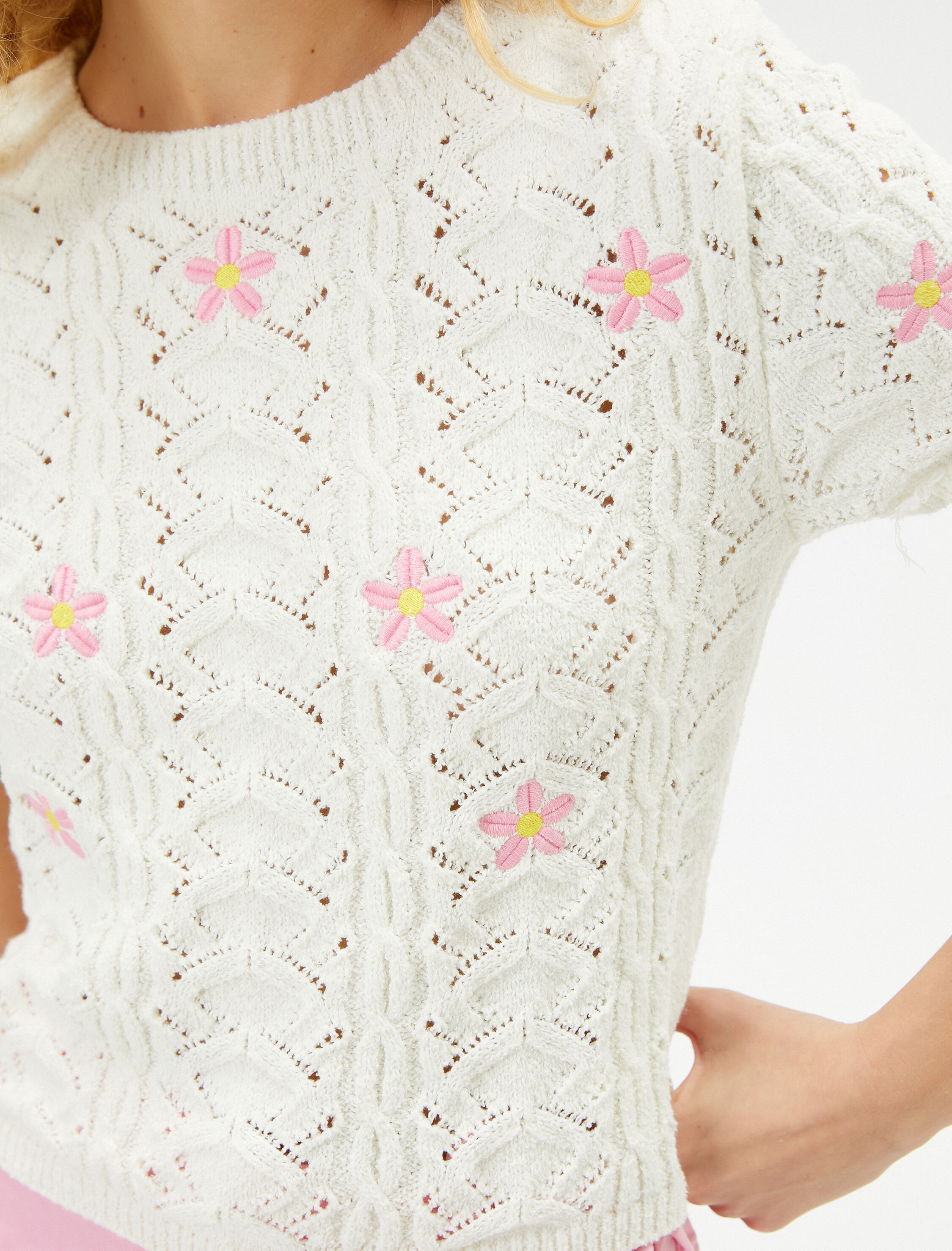   Çiçekli Örgü Kazak Ajurlu Kısa Kollu Bisiklet Yaka Slim Fit