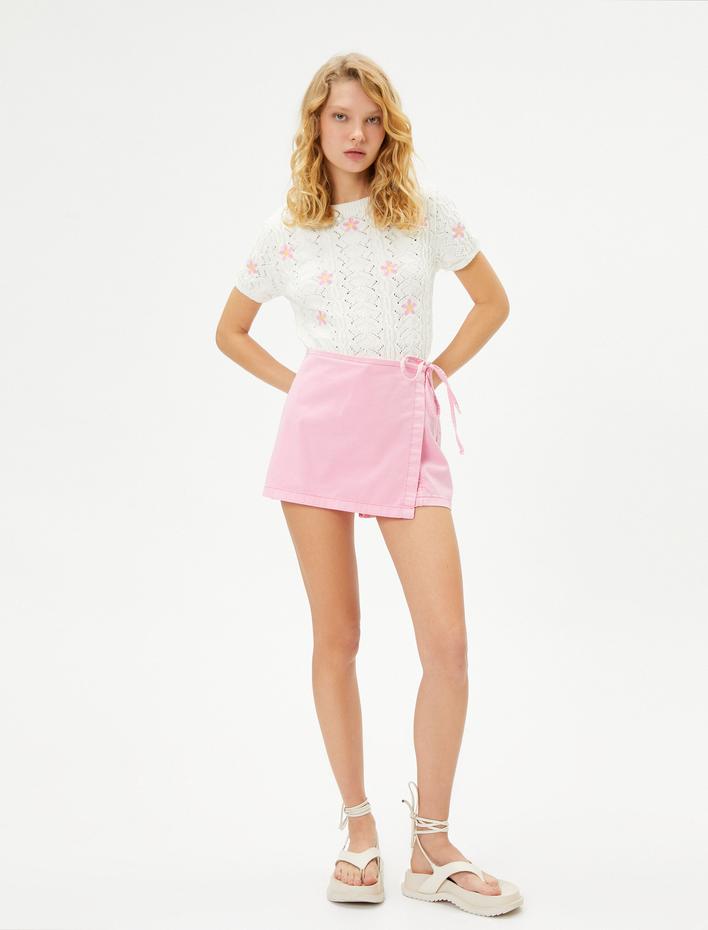  Çiçekli Örgü Kazak Ajurlu Kısa Kollu Bisiklet Yaka Slim Fit