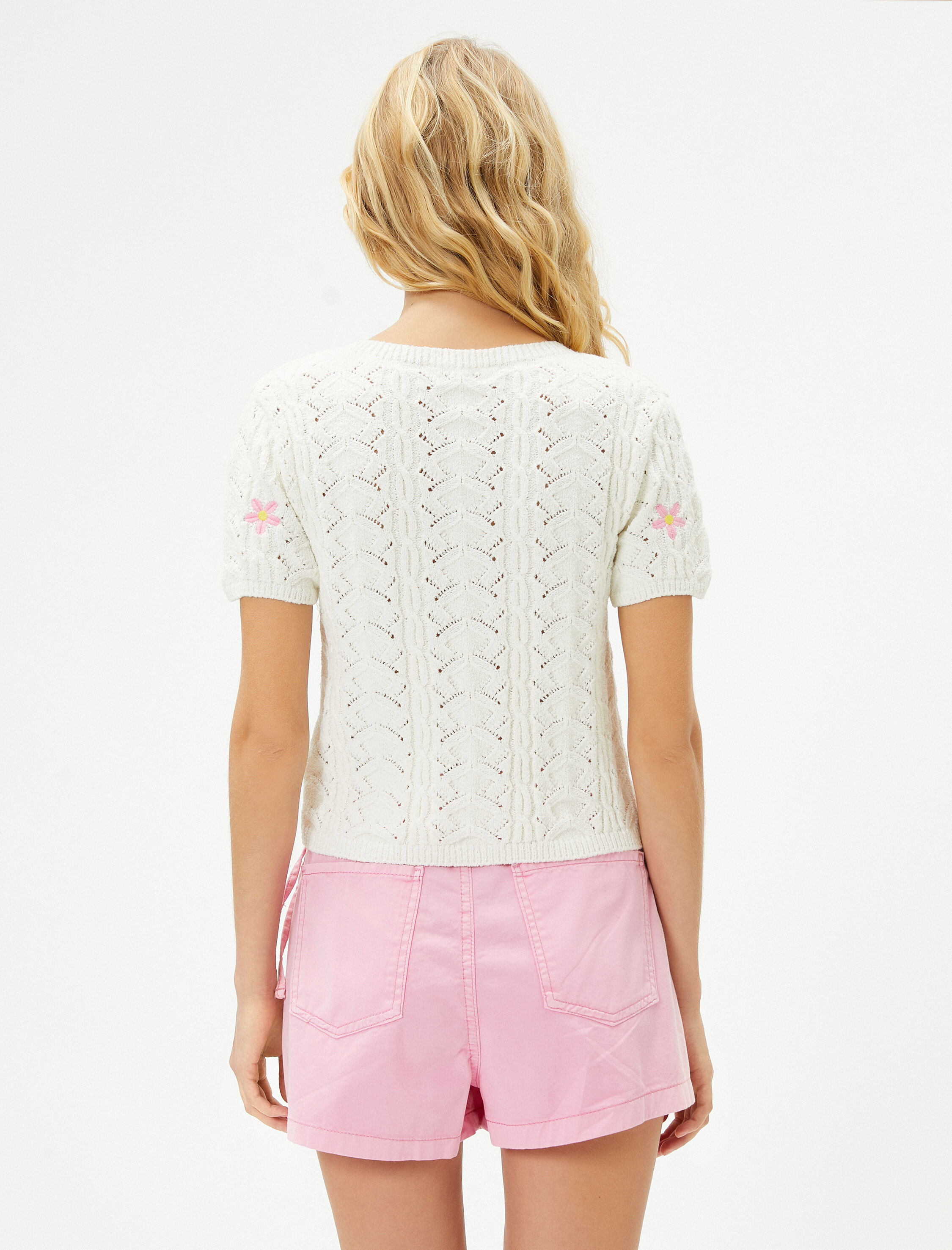   Çiçekli Örgü Kazak Ajurlu Kısa Kollu Bisiklet Yaka Slim Fit