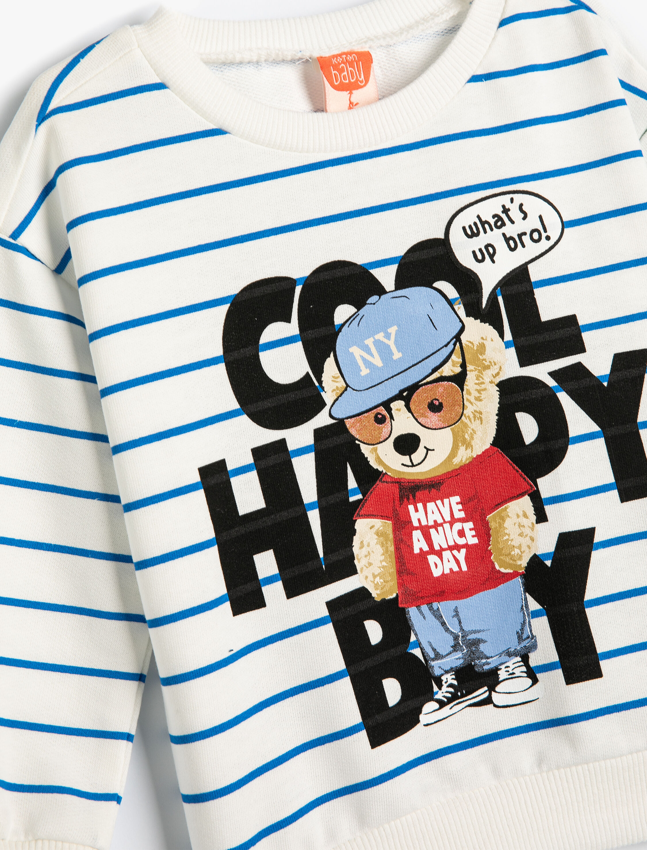  Erkek Bebek Sweatshirt Uzun Kollu Bisiklet Yaka Ayıcık Baskılı Pamuklu