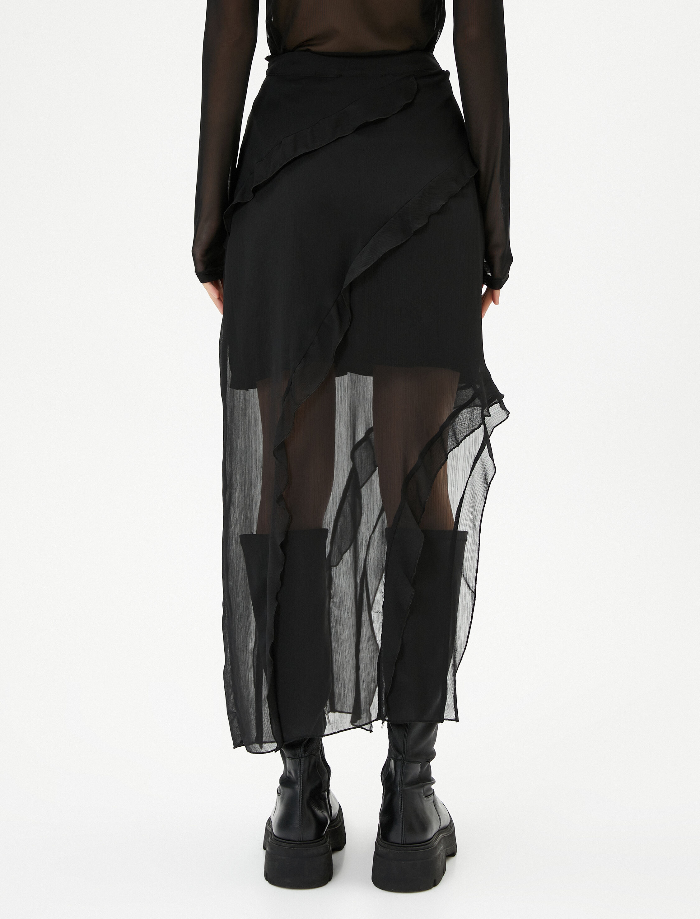 Tül Midi Etek Asimetrik Kesim Fırfırlı Astarlı