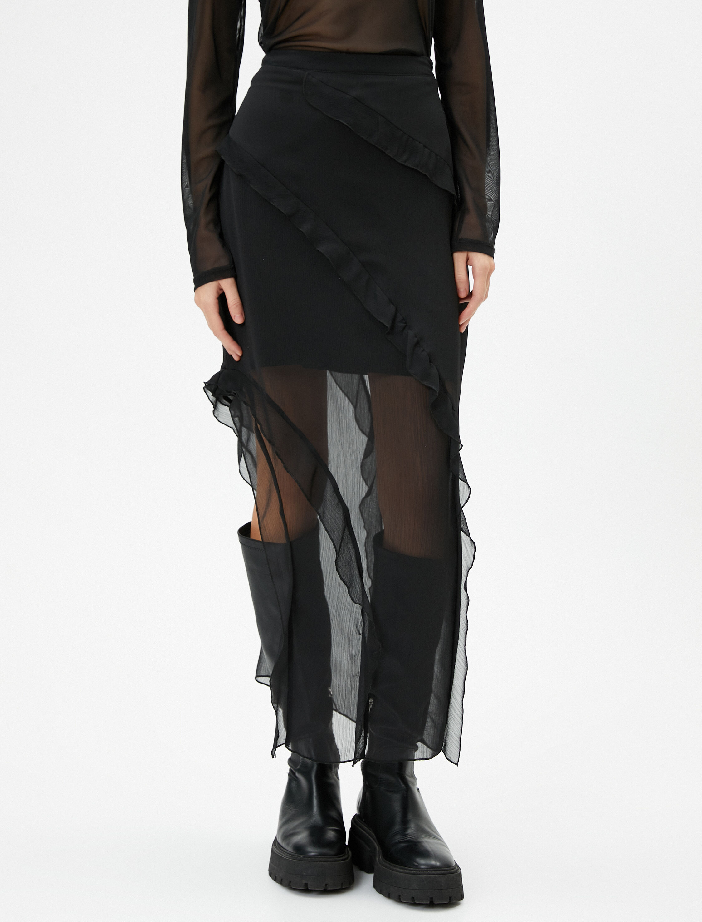 Tül Midi Etek Asimetrik Kesim Fırfırlı Astarlı