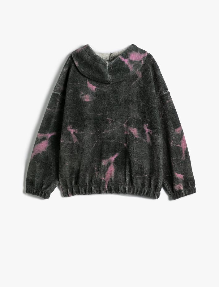  Kapşonlu Peluş Fermuarlı Oversize Sweatshirt Batik Desenli