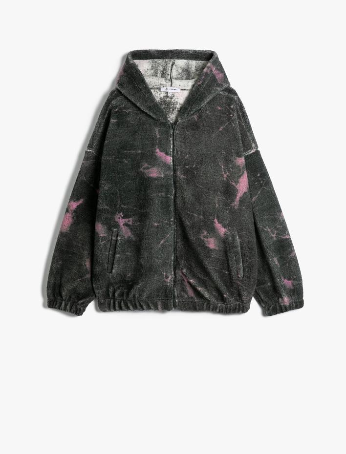  Kapşonlu Peluş Fermuarlı Oversize Sweatshirt Batik Desenli