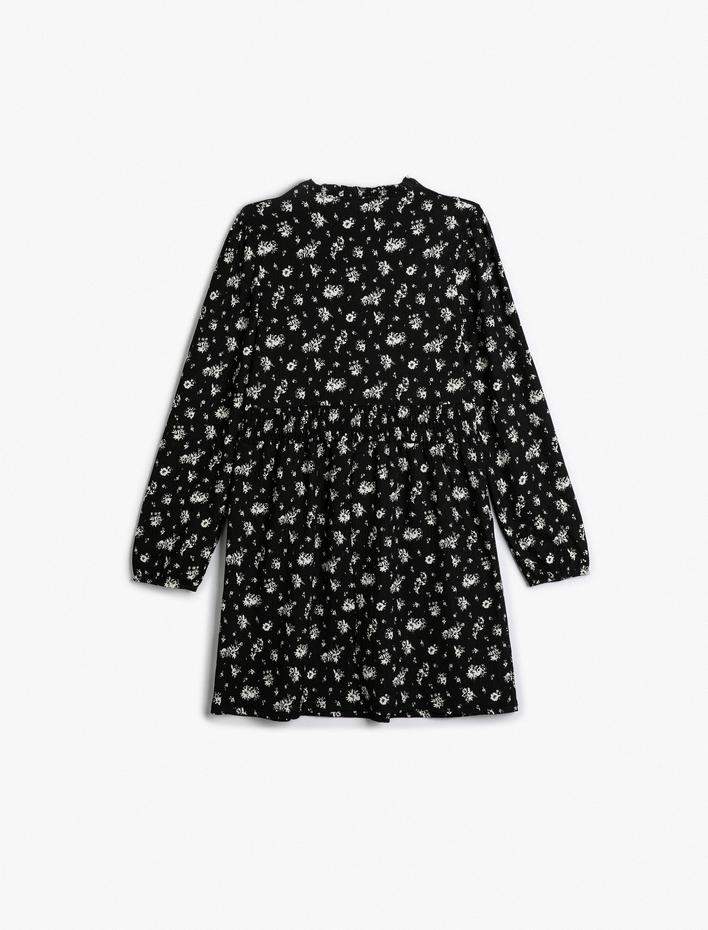  Uzun Kollu Çiçekli Elbise Fırfırlı Bağlamalı Dik Yaka Midi Boy Bürümcük