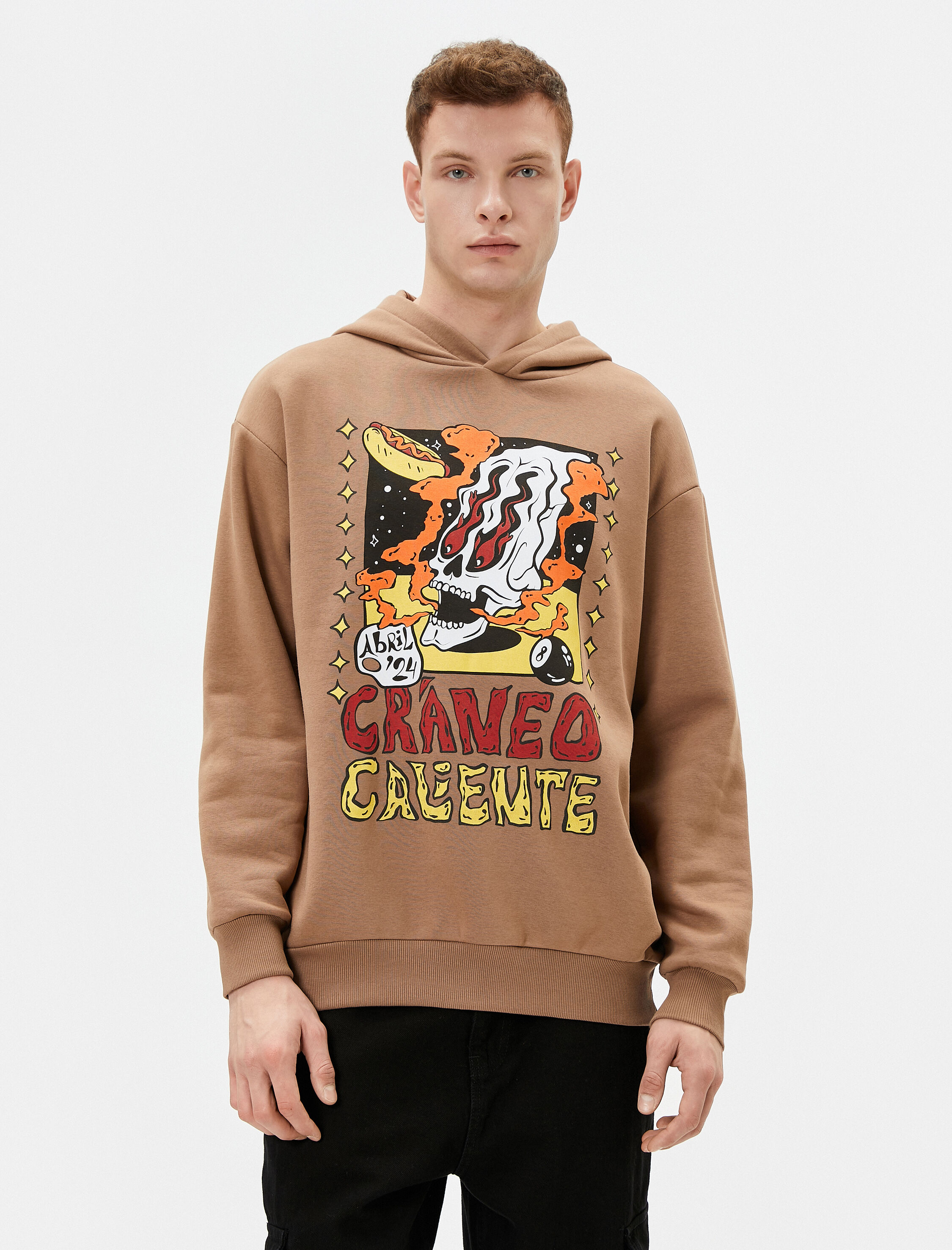   Oversize Hoodie Kuru Kafa Baskılı Etiket Detaylı Şardonlu