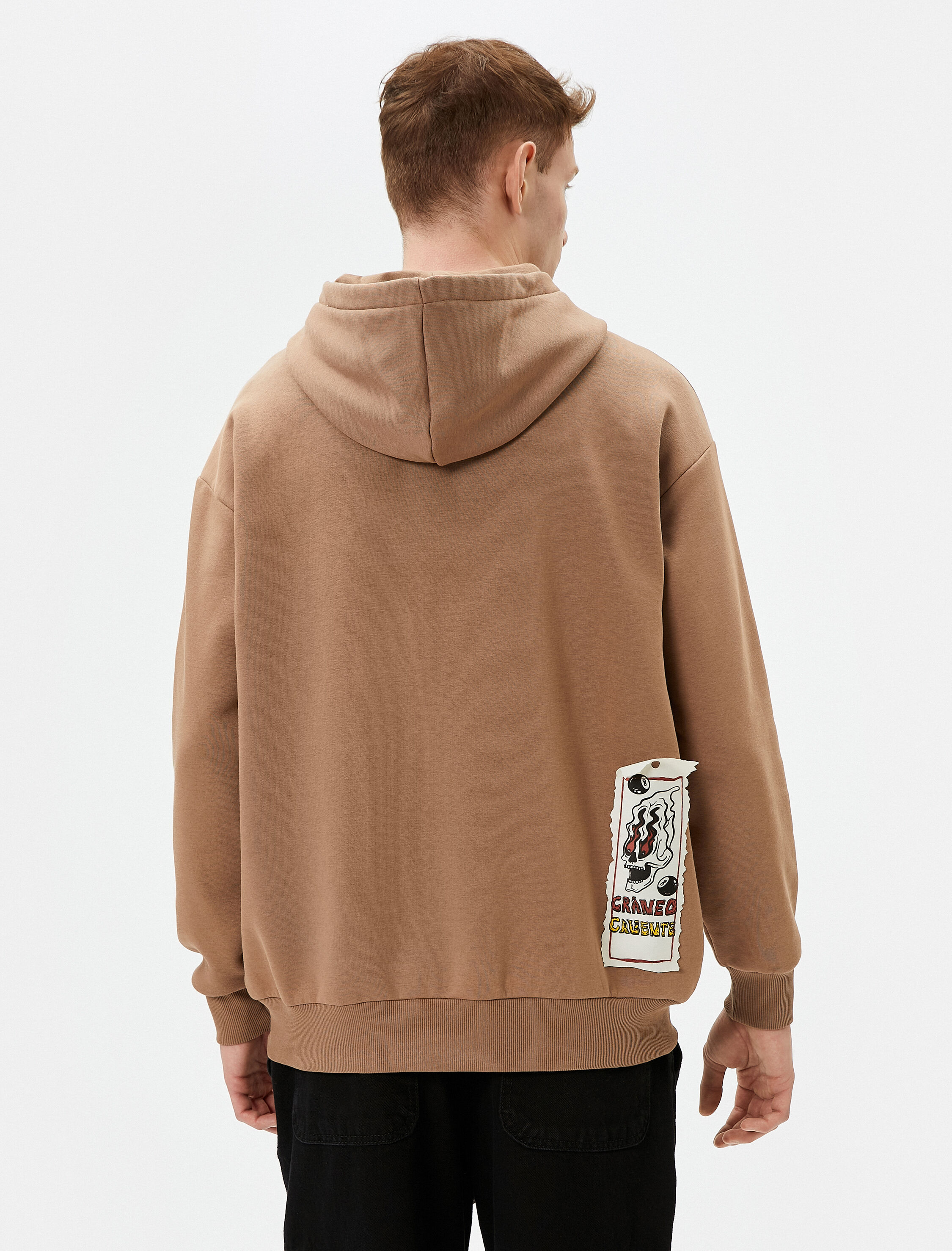   Oversize Hoodie Kuru Kafa Baskılı Etiket Detaylı Şardonlu