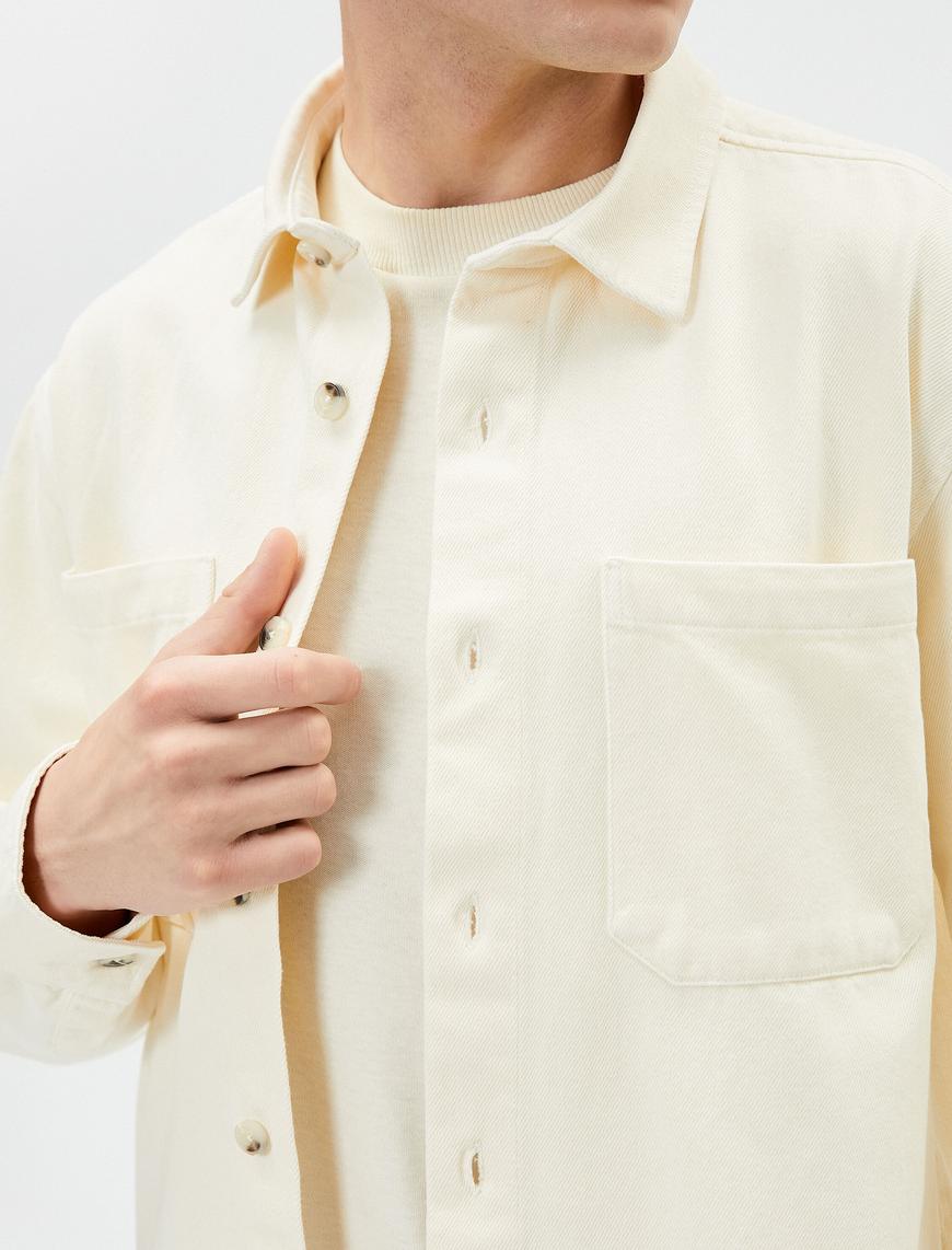   Kanvas Gömlek Cep Detaylı Klasik Yaka Düğmeli Uzun Kollu