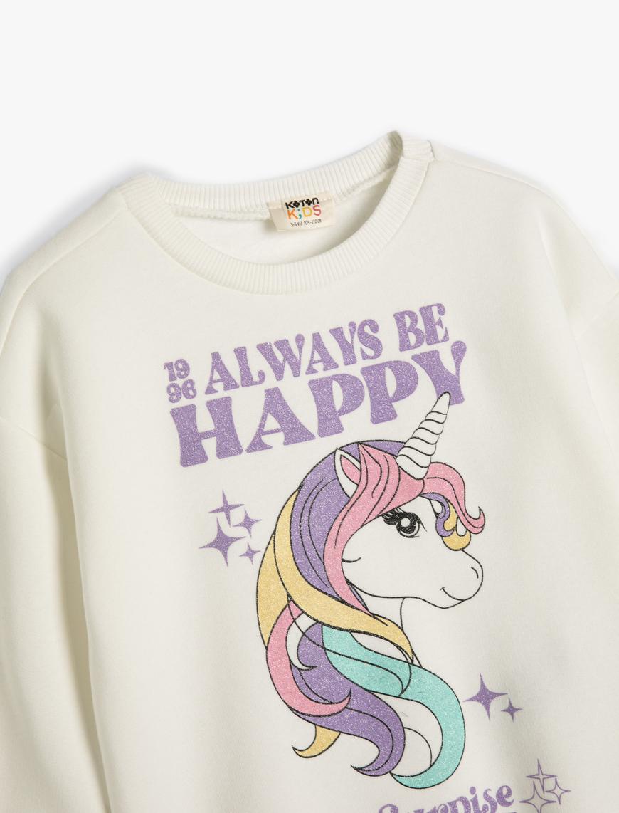  Kız Çocuk Sweatshirt Unicorn Baskılı Uzun Kollu Bisiklet Yaka Şardonlu