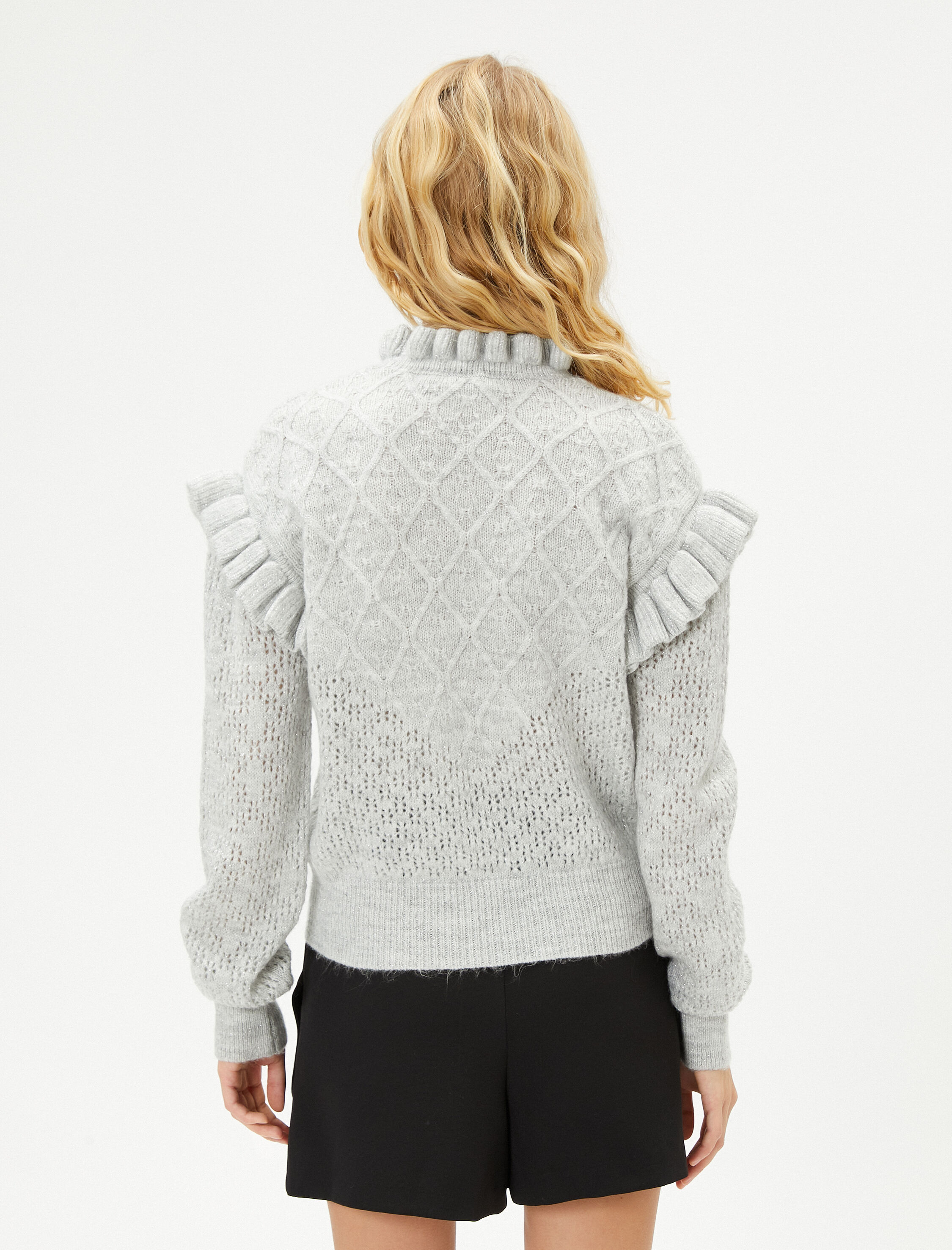   Fırfırlı Örgü Ajurlu Kazak Yumuşak Dokulu Dik Yaka Parıltılı