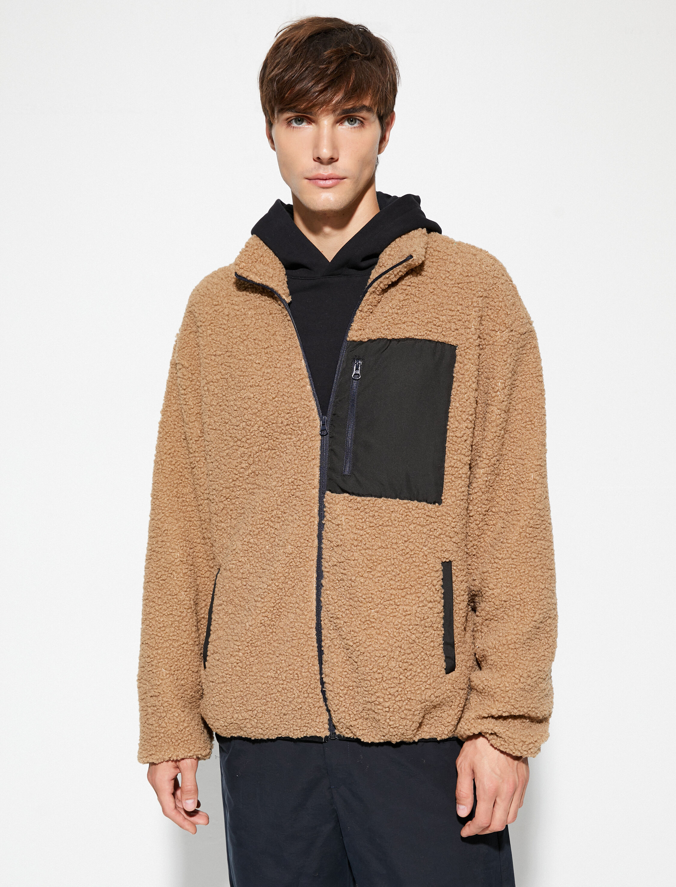   Peluş Ceket Fermuarlı Cep Detaylı Dik Yaka