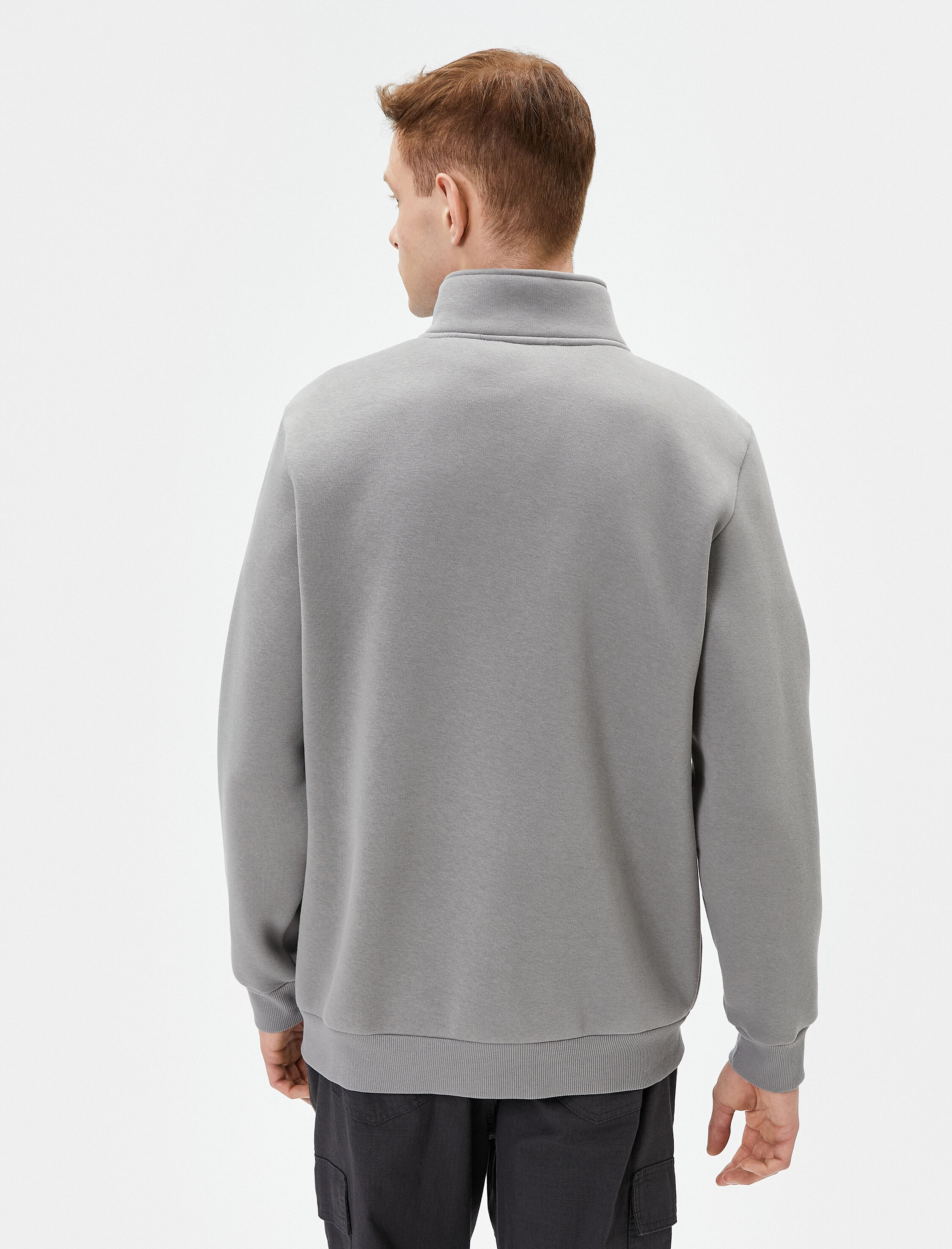   Yarım Fermuarlı Sweatshirt Basic Dik Yaka Ribanalı Uzun Kollu Şardonlu