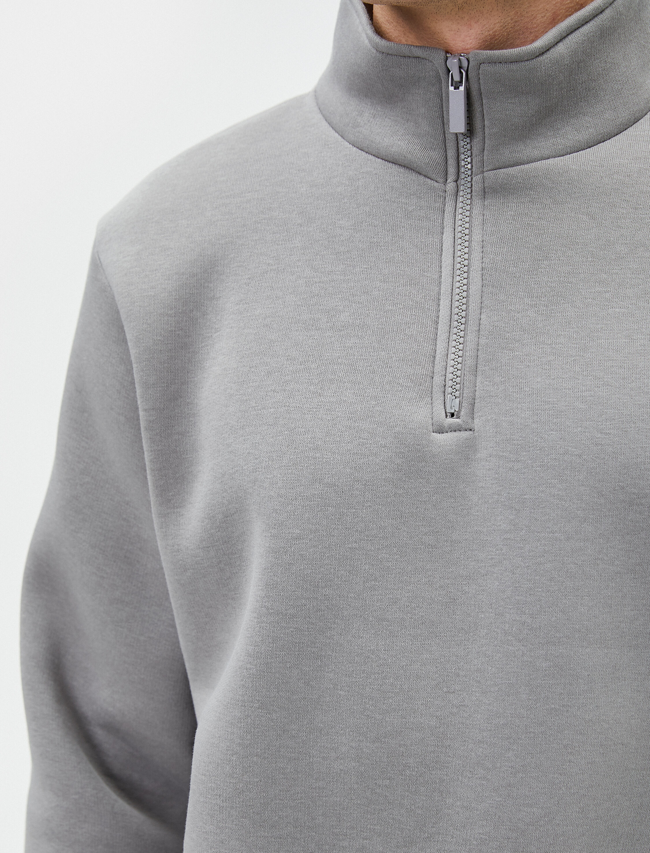   Yarım Fermuarlı Sweatshirt Basic Dik Yaka Ribanalı Uzun Kollu Şardonlu