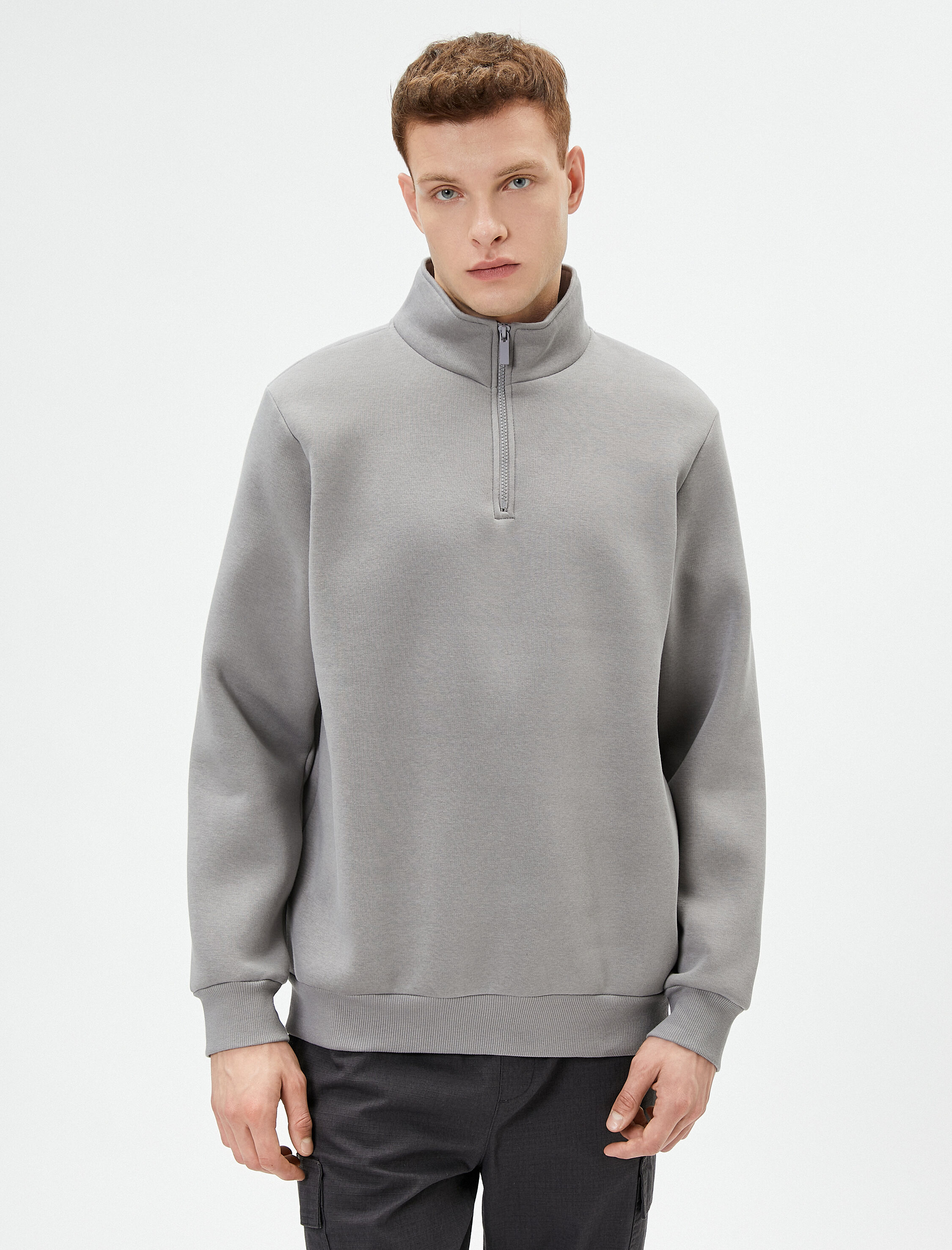   Yarım Fermuarlı Sweatshirt Basic Dik Yaka Ribanalı Uzun Kollu Şardonlu