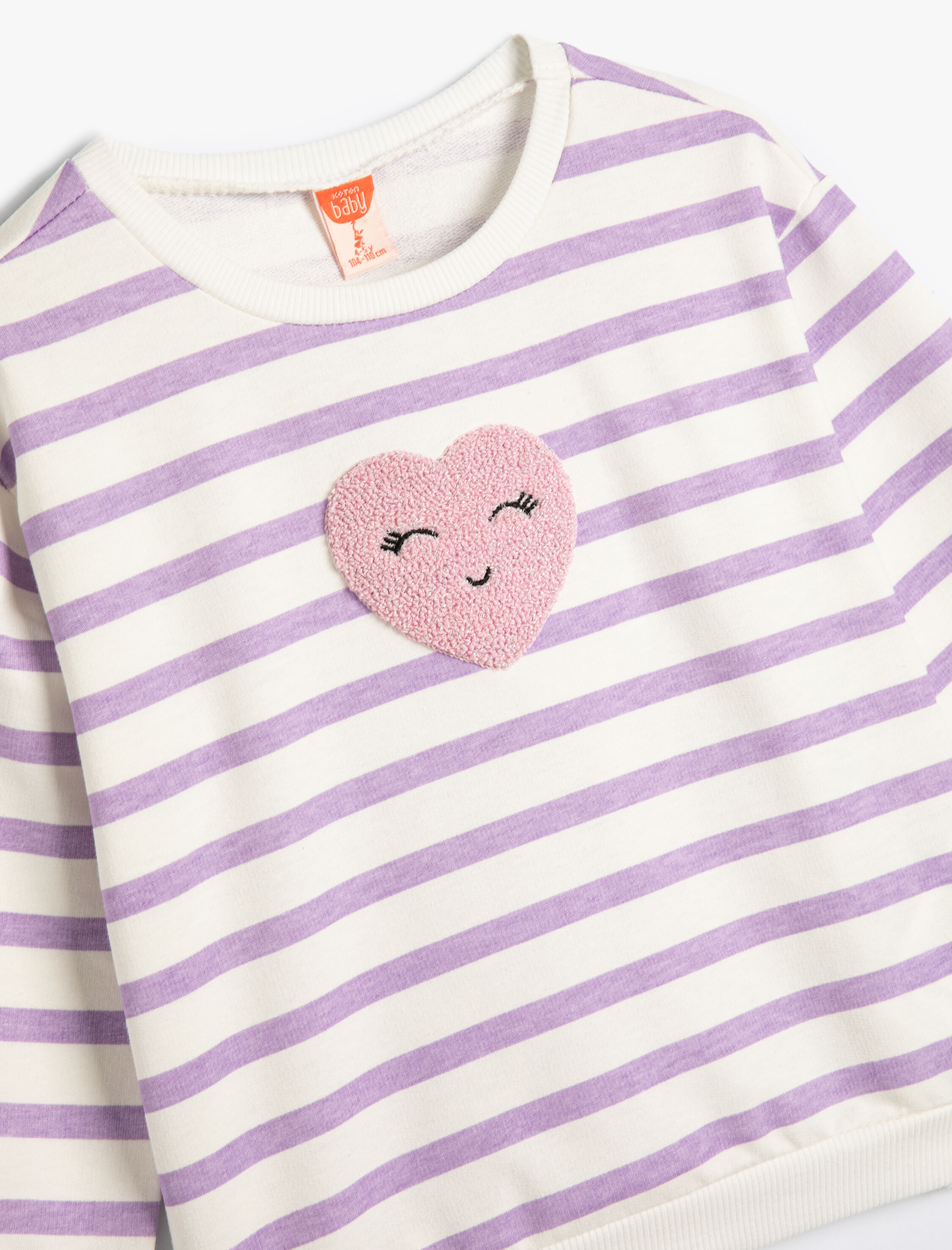  Kız Bebek Sweatshirt Bisiklet Yaka Uzun Kollu Kalp Aplikeli Pamuklu