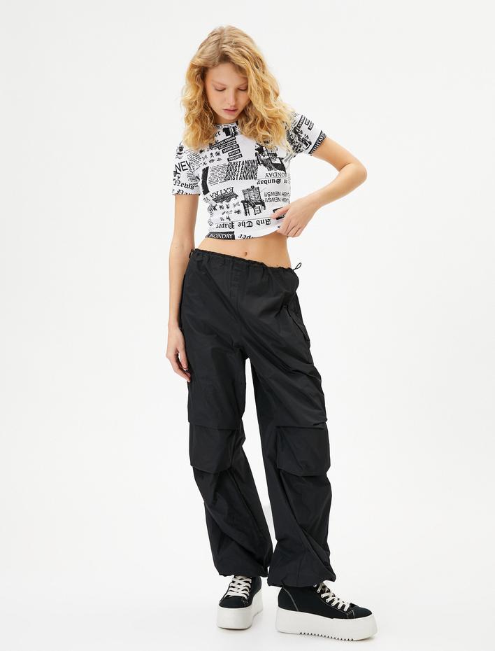  Baskılı Crop Tişört Slim Fit Kısa Kollu Bisiklet Yaka Pamuklu