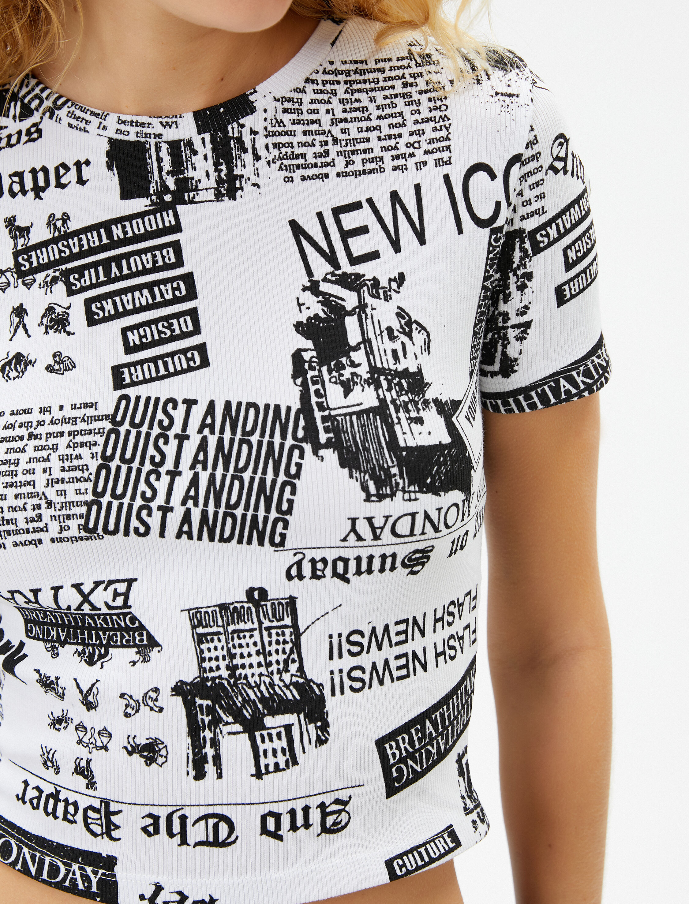   Baskılı Crop Tişört Slim Fit Kısa Kollu Bisiklet Yaka Pamuklu