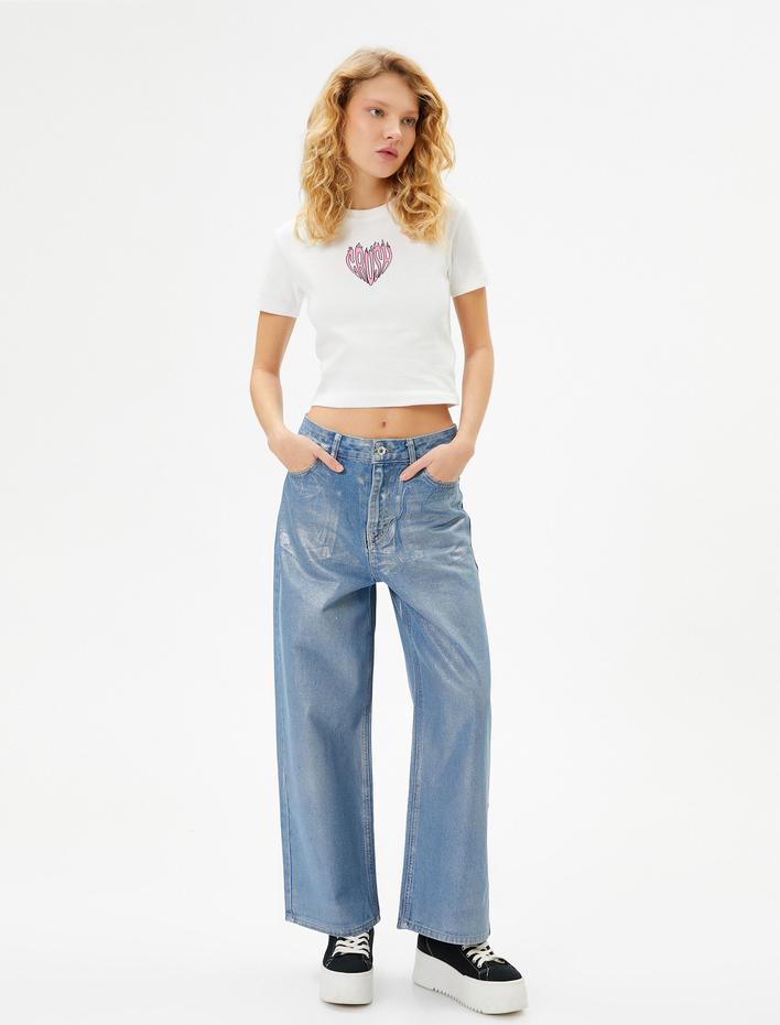  Kalpli Crop Tişört Slim Fit Kısa Kollu Bisiklet Yaka Pamuklu