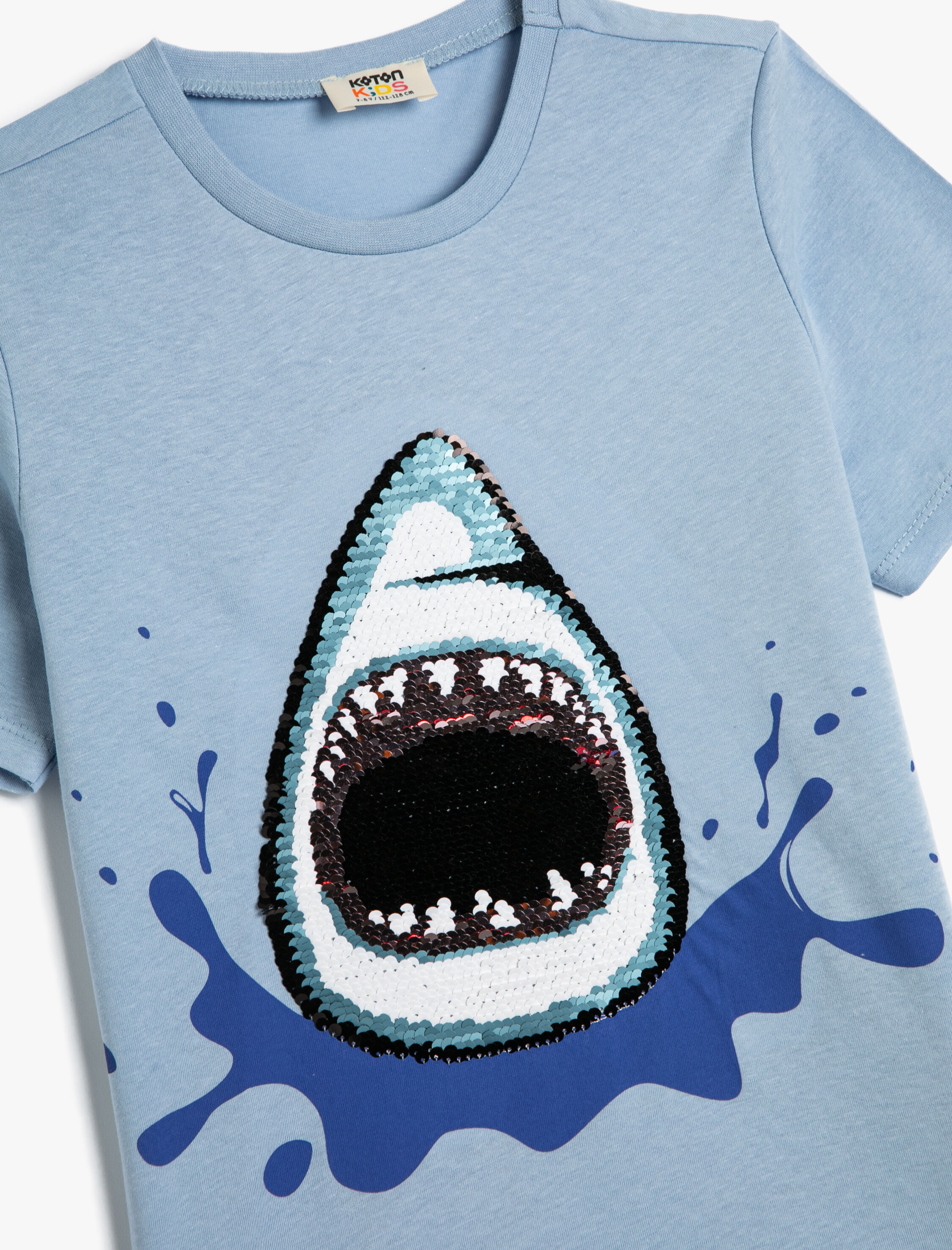  Erkek Çocuk Tişört Köpek Balığı Baskılı Kısa Kollu Pullu Payetli Bisiklet Yaka Pamuklu