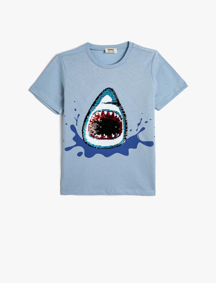 Erkek Çocuk Tişört Köpek Balığı Baskılı Kısa Kollu Pullu Payetli Bisiklet Yaka Pamuklu