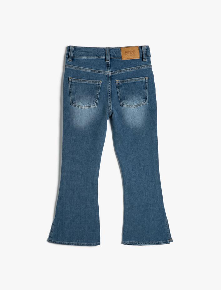 Kız Çocuk İspanyol Paça Kot Pantolon Yırtmaçlı Pamuklu Cepli - Flare Jean