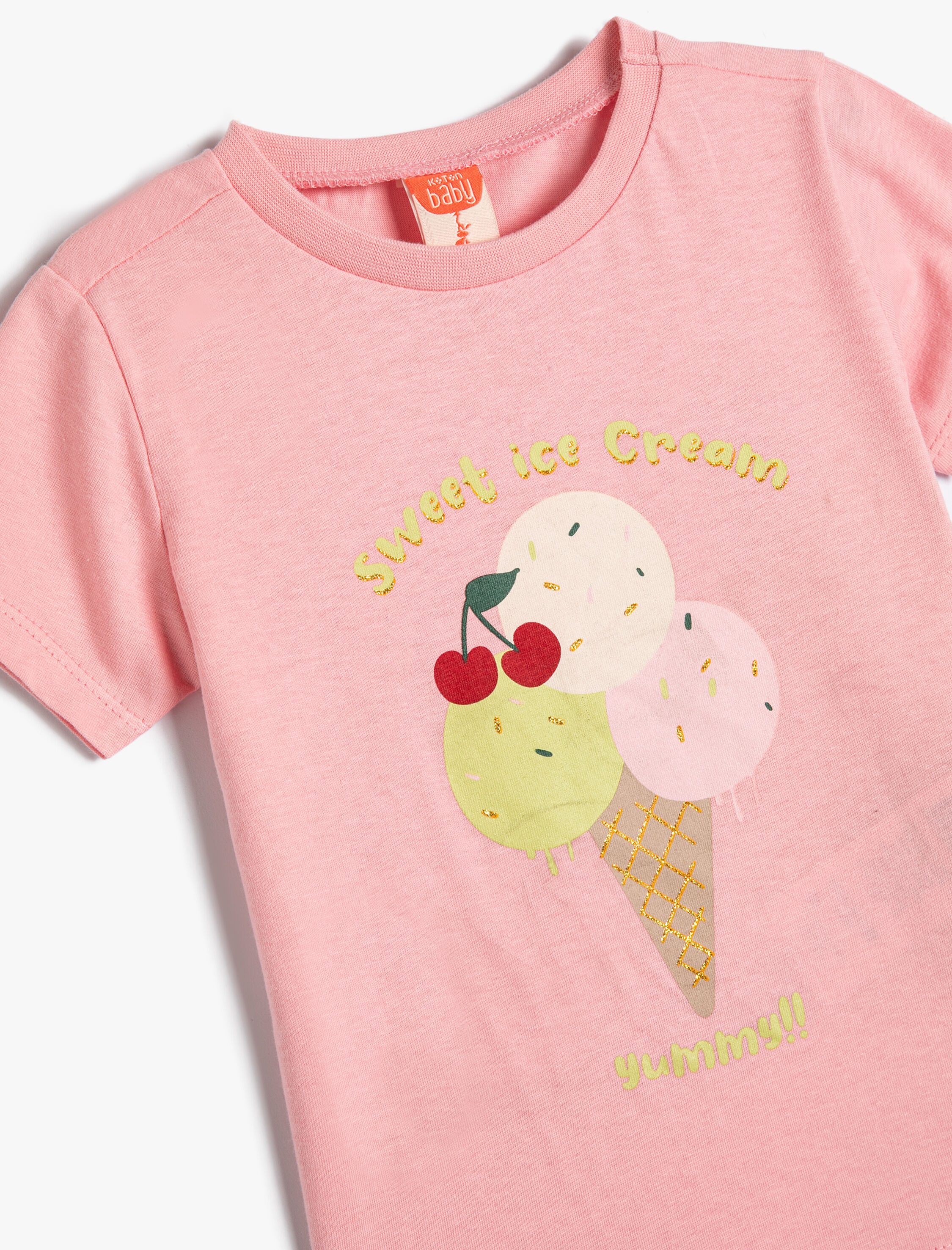  Kız Bebek Dondurma Baskılı Tişört Kısa Kollu Bisiklet Yaka Pamuklu