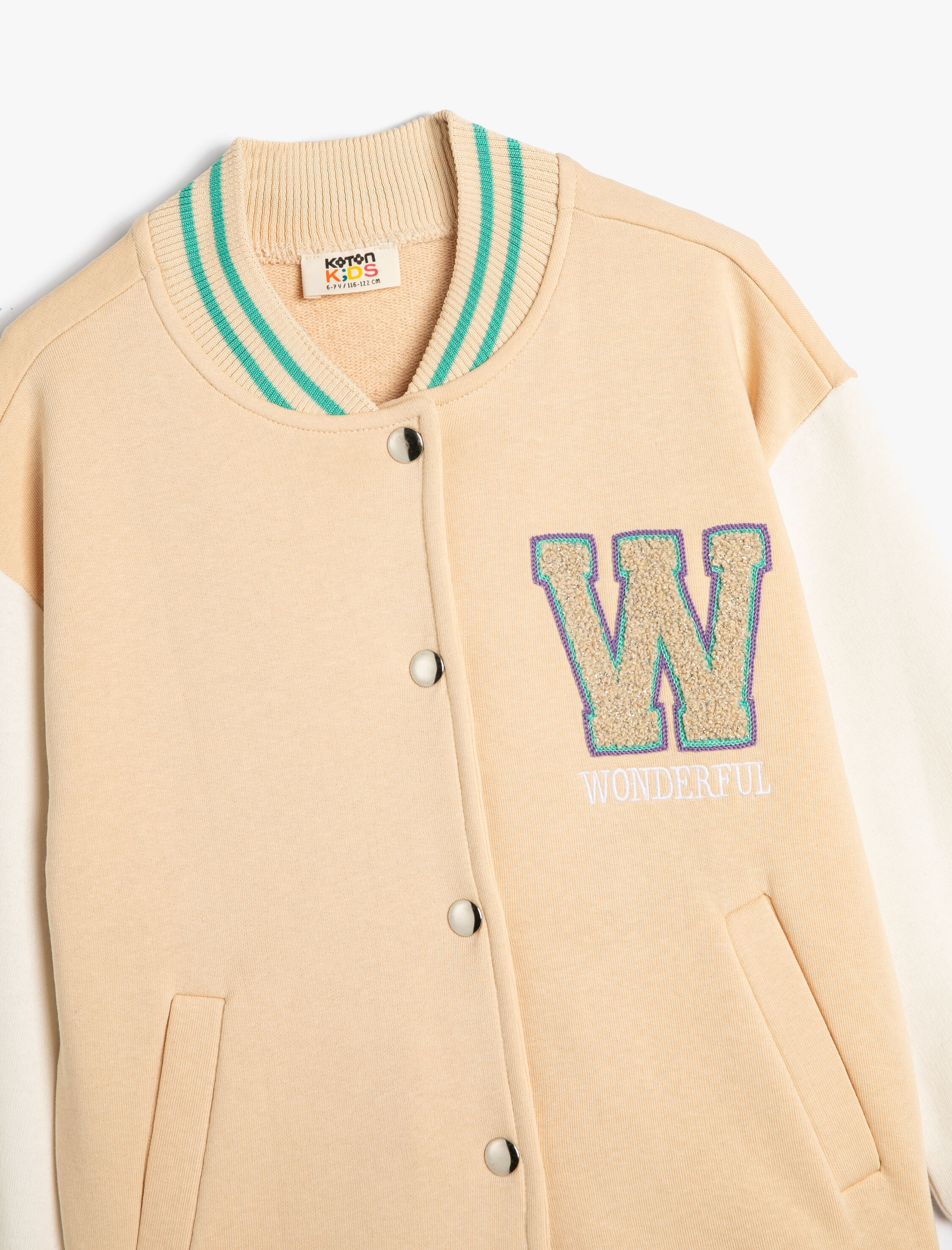  Kız Çocuk Oversize Bomber Kolej Ceket Aplike Detaylı Yuvarlak Yaka Şardonlu