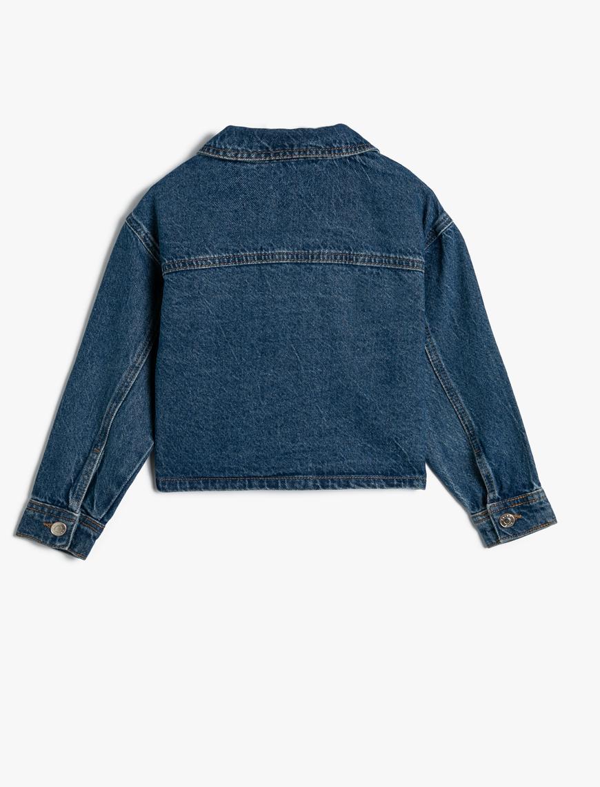  Kız Çocuk Crop Kot Ceket Cep Detaylı Düğme Kapamalı Pamuklu